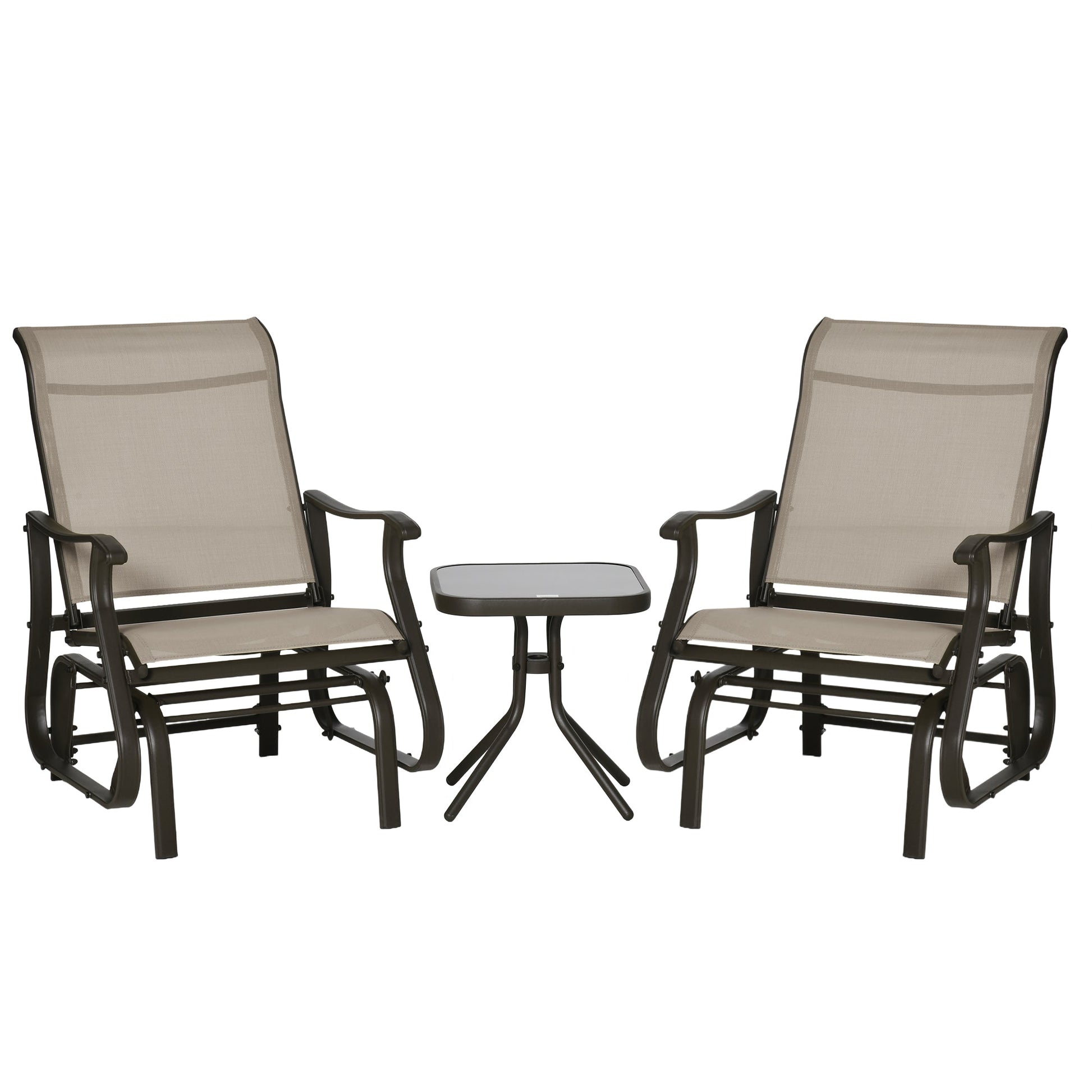 3PCs Glider Rocking Chairs with Table, Outdoor Gliders with Steel Frame, Mesh Seat, Tempered Glass Table Top for Patio, Garden, Backyard, Deck, Porch, Dark Grey