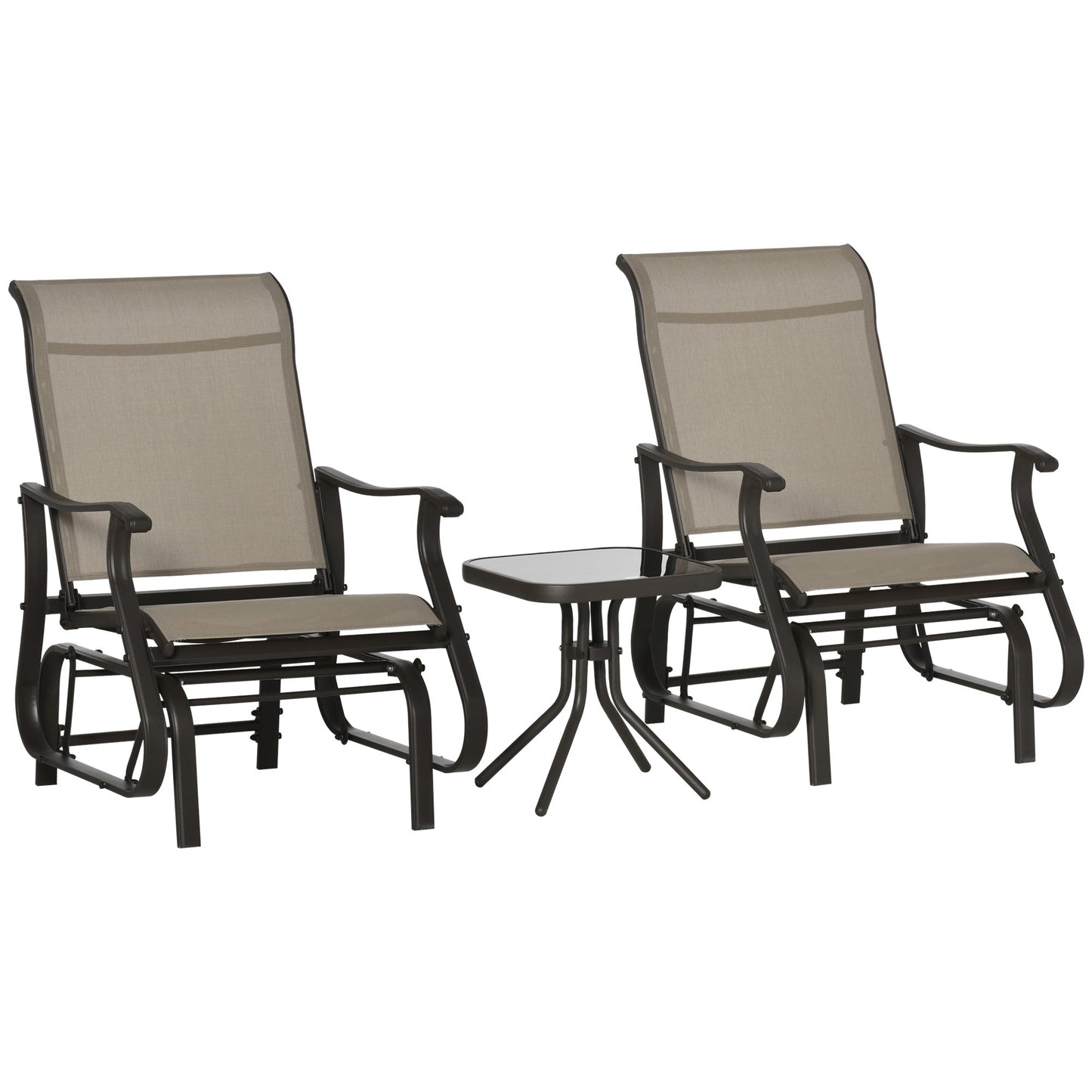 3PCs Glider Rocking Chairs with Table, Outdoor Gliders with Steel Frame, Mesh Seat, Tempered Glass Table Top for Patio, Garden, Backyard, Deck, Porch, Dark Grey