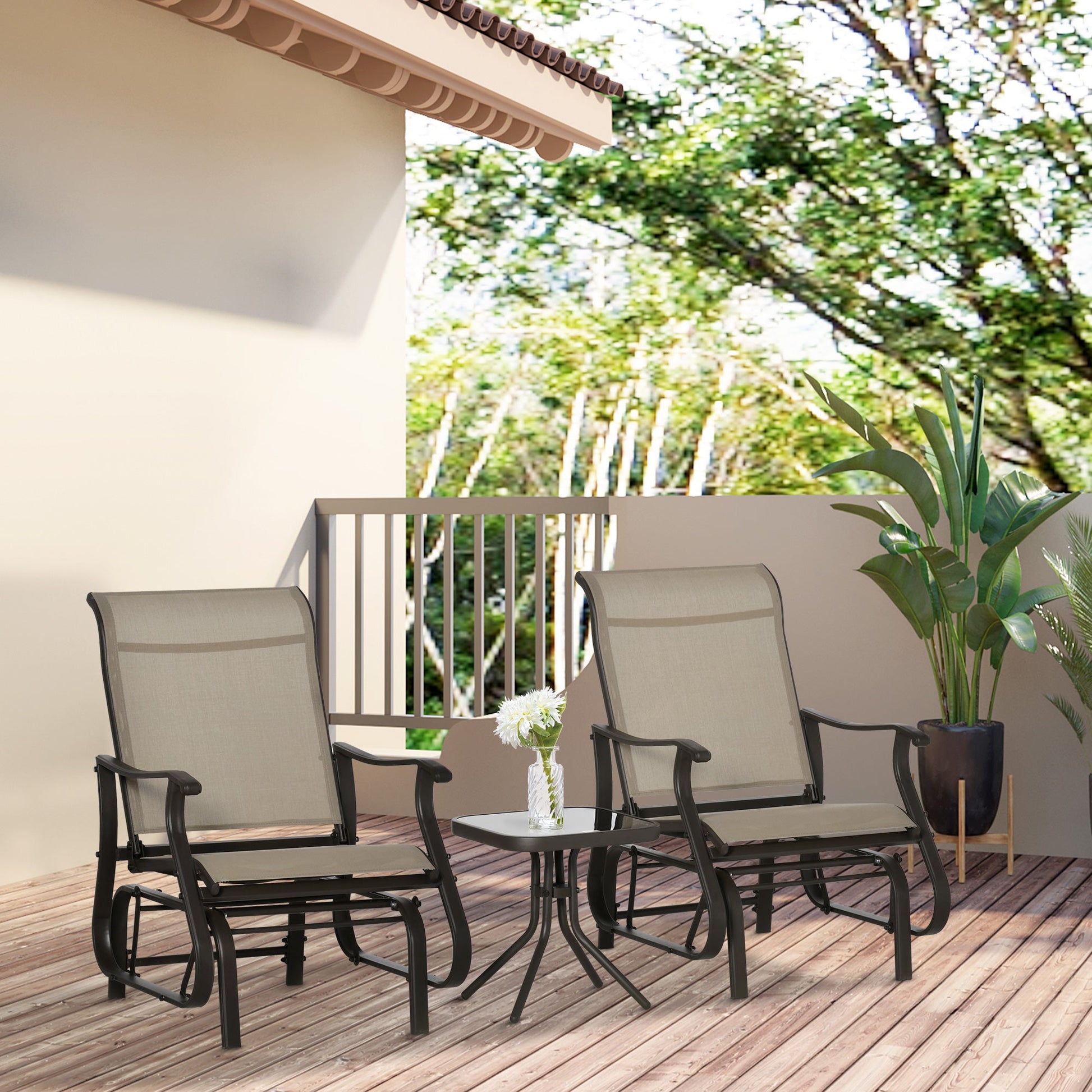 3PCs Glider Rocking Chairs with Table, Outdoor Gliders with Steel Frame, Mesh Seat, Tempered Glass Table Top for Patio, Garden, Backyard, Deck, Porch, Dark Grey