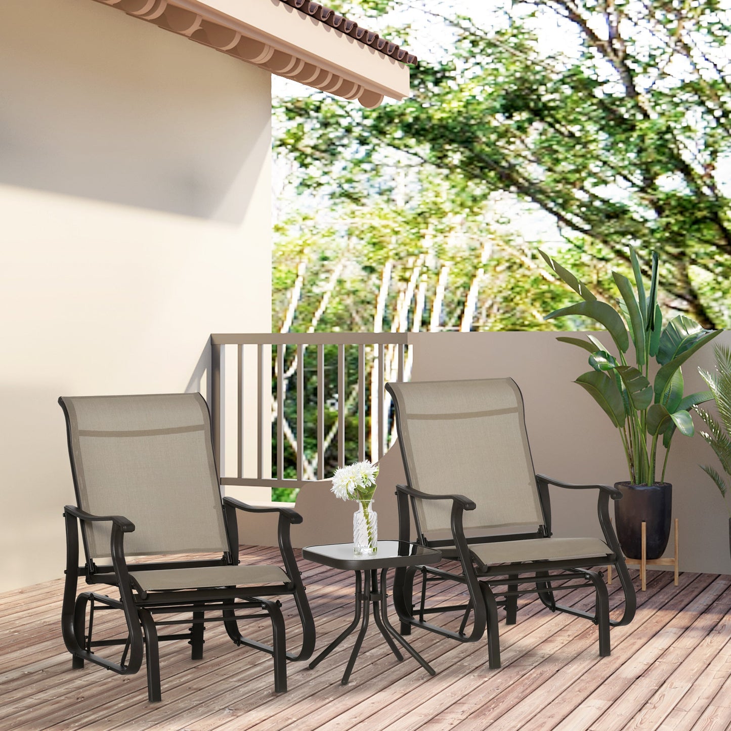 3PCs Glider Rocking Chairs with Table, Outdoor Gliders with Steel Frame, Mesh Seat, Tempered Glass Table Top for Patio, Garden, Backyard, Deck, Porch, Dark Grey