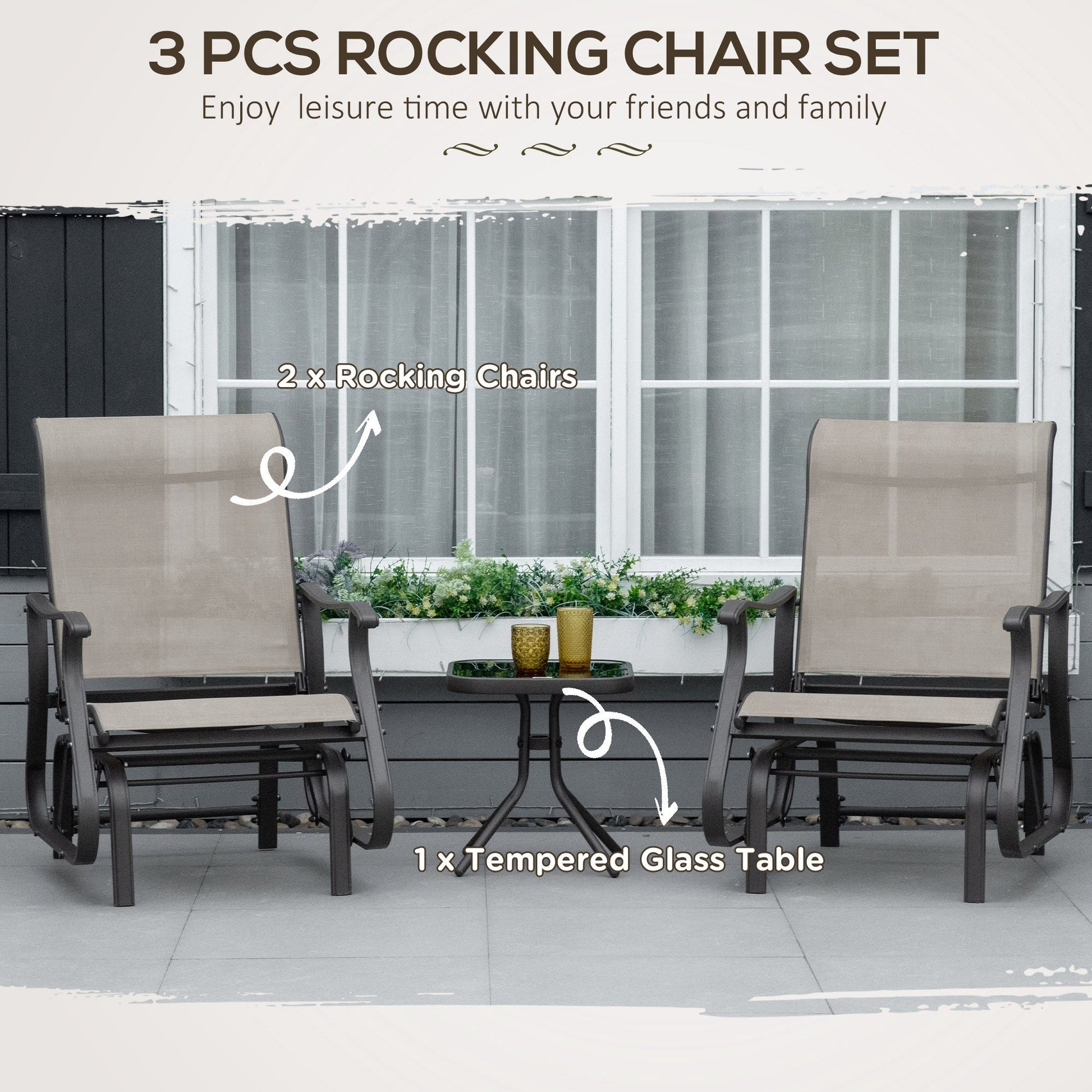 3PCs Glider Rocking Chairs with Table, Outdoor Gliders with Steel Frame, Mesh Seat, Tempered Glass Table Top for Patio, Garden, Backyard, Deck, Porch, Dark Grey