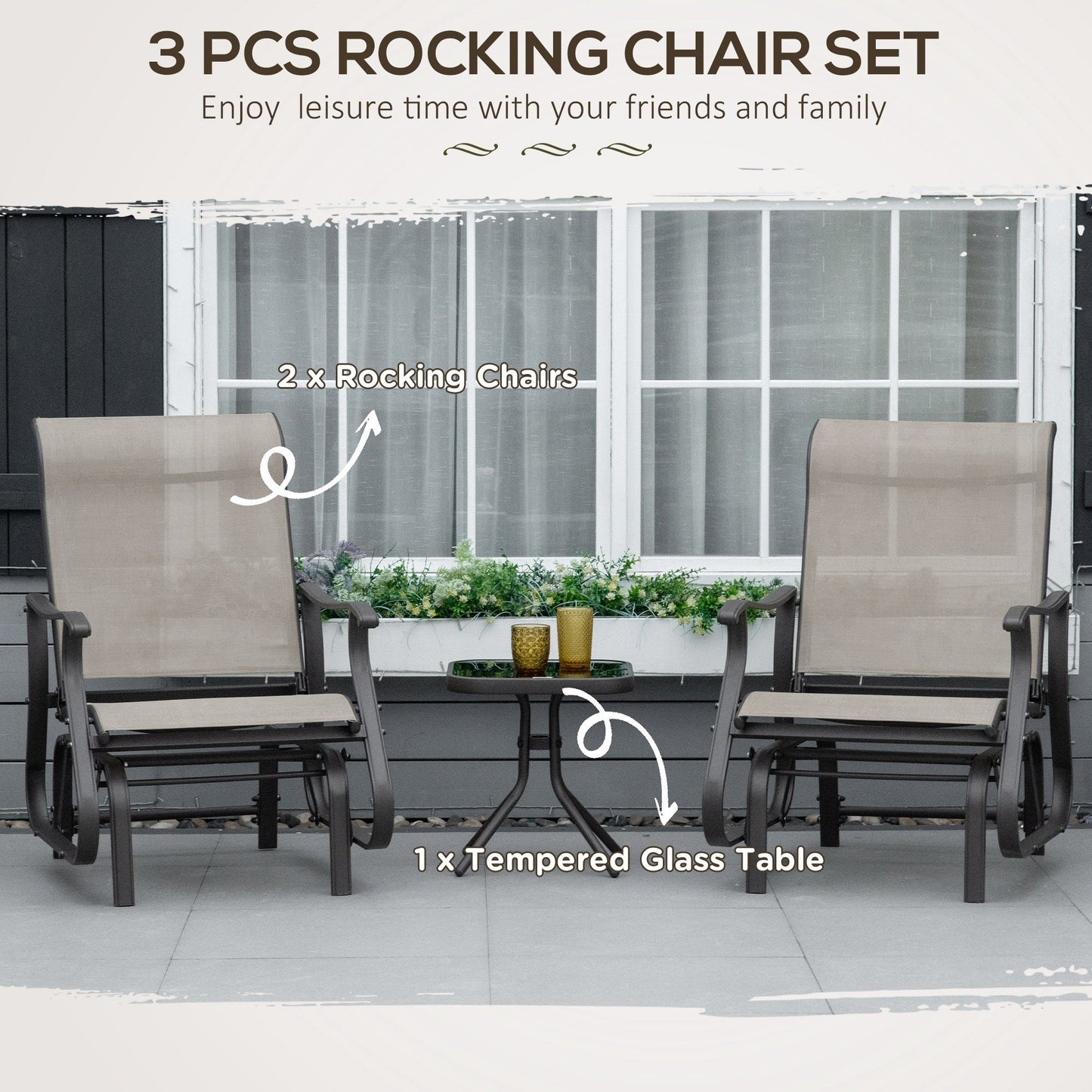3PCs Glider Rocking Chairs with Table, Outdoor Gliders with Steel Frame, Mesh Seat, Tempered Glass Table Top for Patio, Garden, Backyard, Deck, Porch, Dark Grey