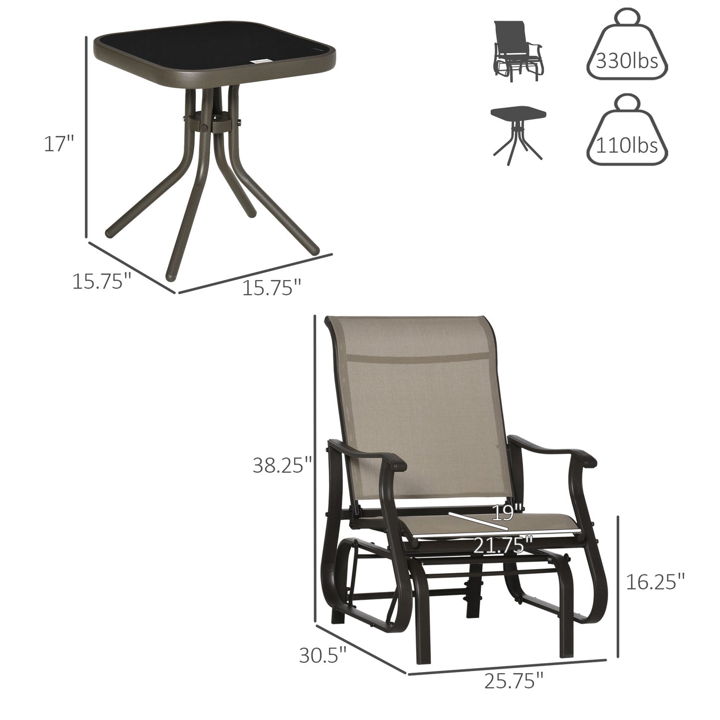3PCs Glider Rocking Chairs with Table, Outdoor Gliders with Steel Frame, Mesh Seat, Tempered Glass Table Top for Patio, Garden, Backyard, Deck, Porch, Dark Grey