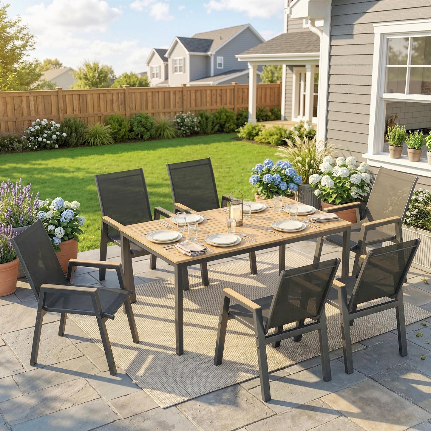 7 Piece Outdoor Dining Set, Rectangle Patio Table and 6 Mesh Chairs with Slatted Tabletop, All Weather Outdoor Dining Furniture Set for Backyard, Deck, Garden, Black