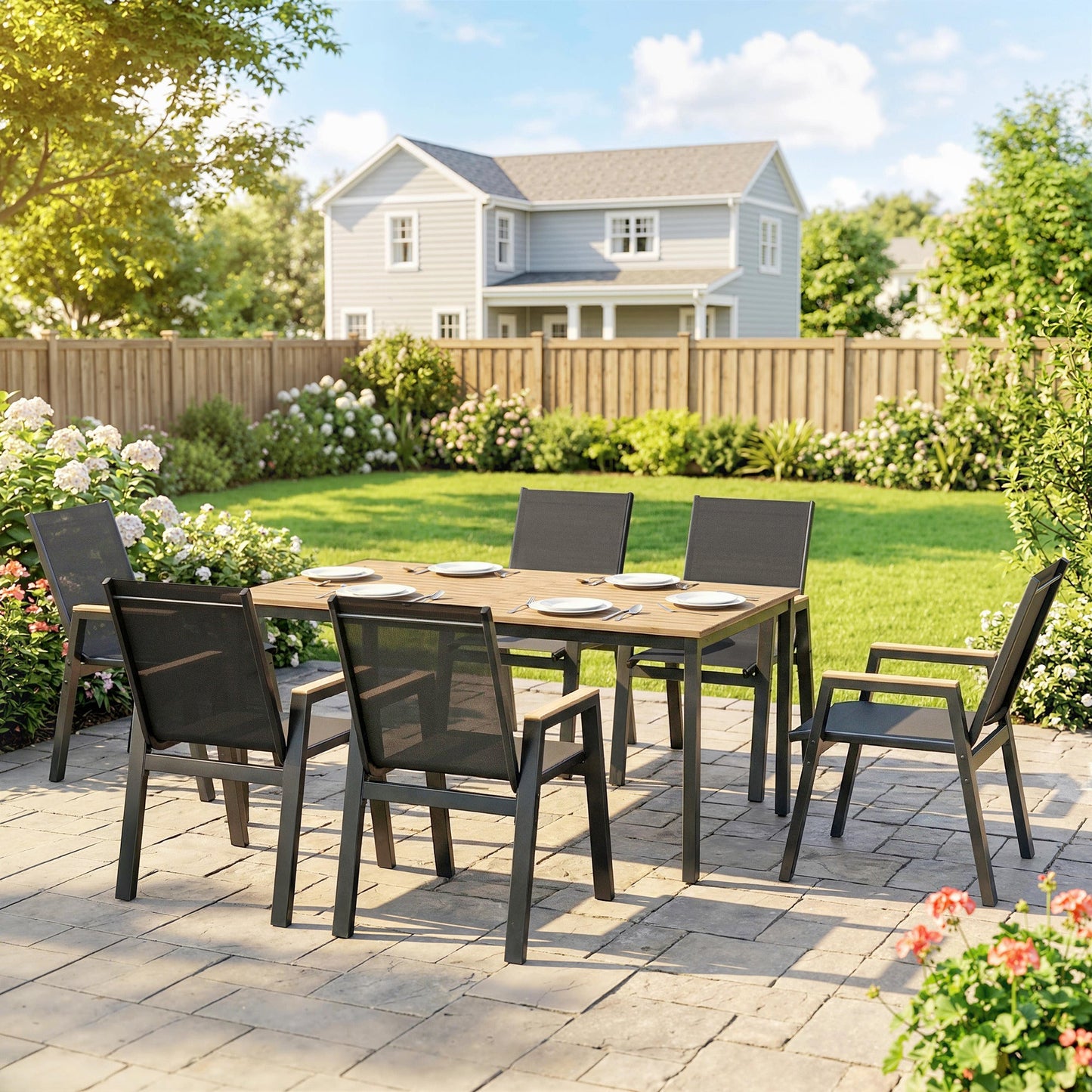 7 Piece Outdoor Dining Set, Rectangle Patio Table and 6 Mesh Chairs with Slatted Tabletop, All Weather Outdoor Dining Furniture Set for Backyard, Deck, Garden, Black