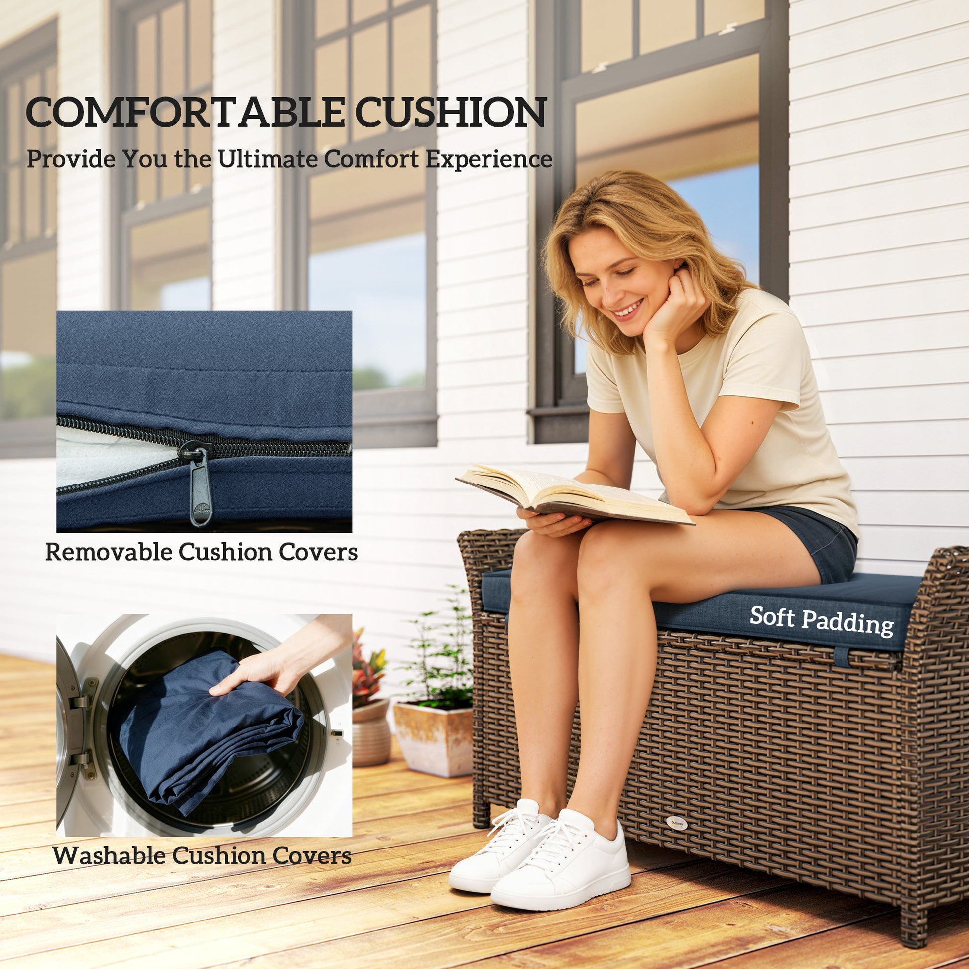 2-In-1 Patio Wicker Storage Bench, 29 Gallon Outdoor PE Rattan Patio Furniture, Large Capacity Rectangle Basket Box with Handles and Cushion, Navy Blue