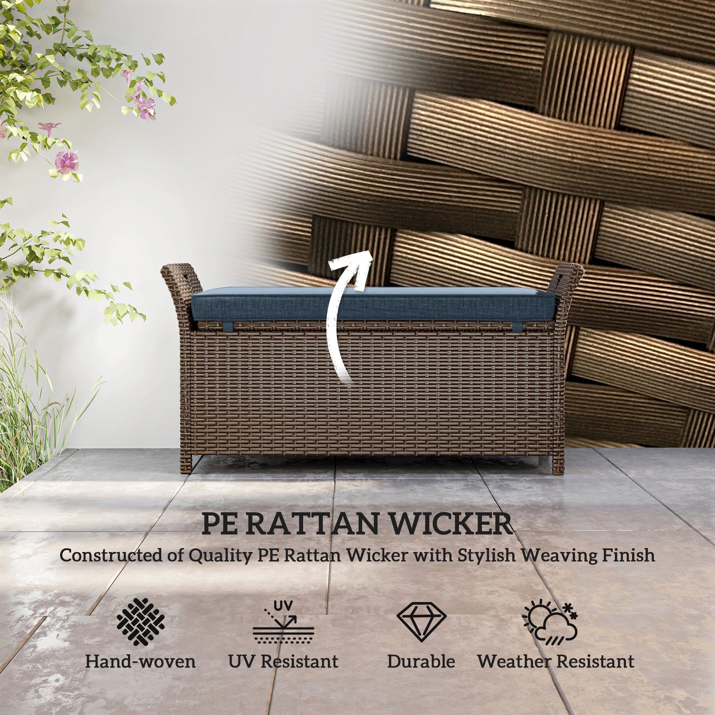 2-In-1 Patio Wicker Storage Bench, 29 Gallon Outdoor PE Rattan Patio Furniture, Large Capacity Rectangle Basket Box with Handles and Cushion, Navy Blue