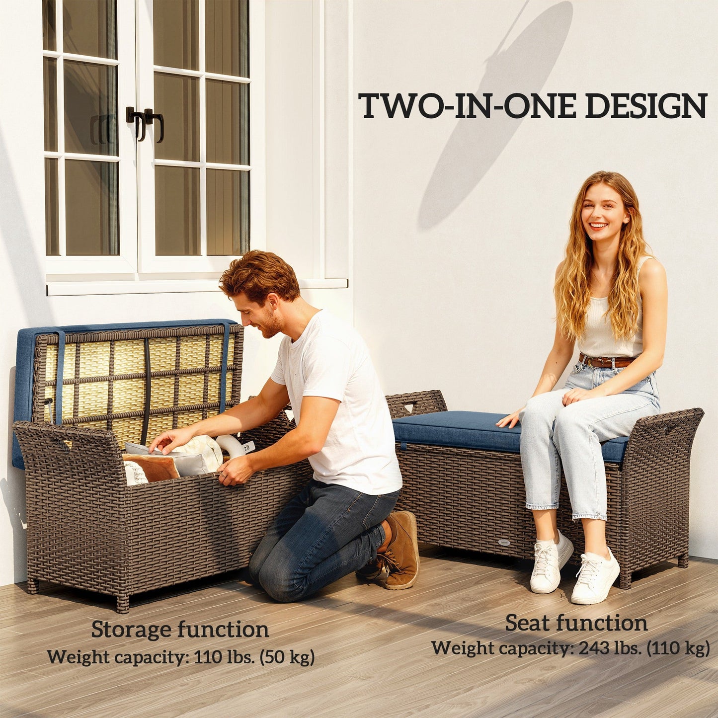 2-In-1 Patio Wicker Storage Bench, 29 Gallon Outdoor PE Rattan Patio Furniture, Large Capacity Rectangle Basket Box with Handles and Cushion, Navy Blue