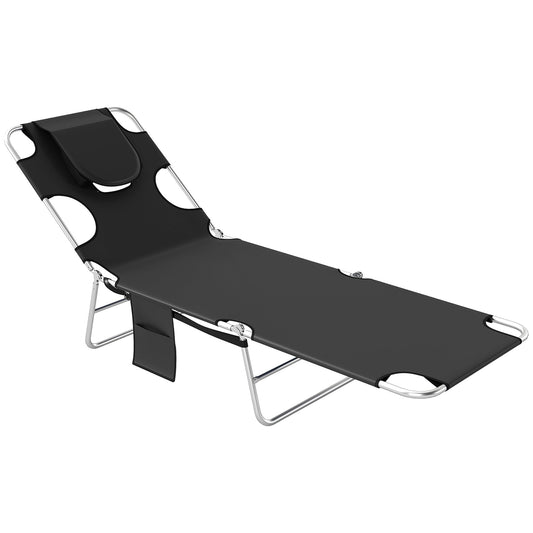Folding Lounge Chair Outdoor Tanning Chair with Face Hole, 5-Position Reclining Sun Lounger Chaise Lounge Cot with Side Pocket, Carry Strap for Beach Pool, Yard, Black