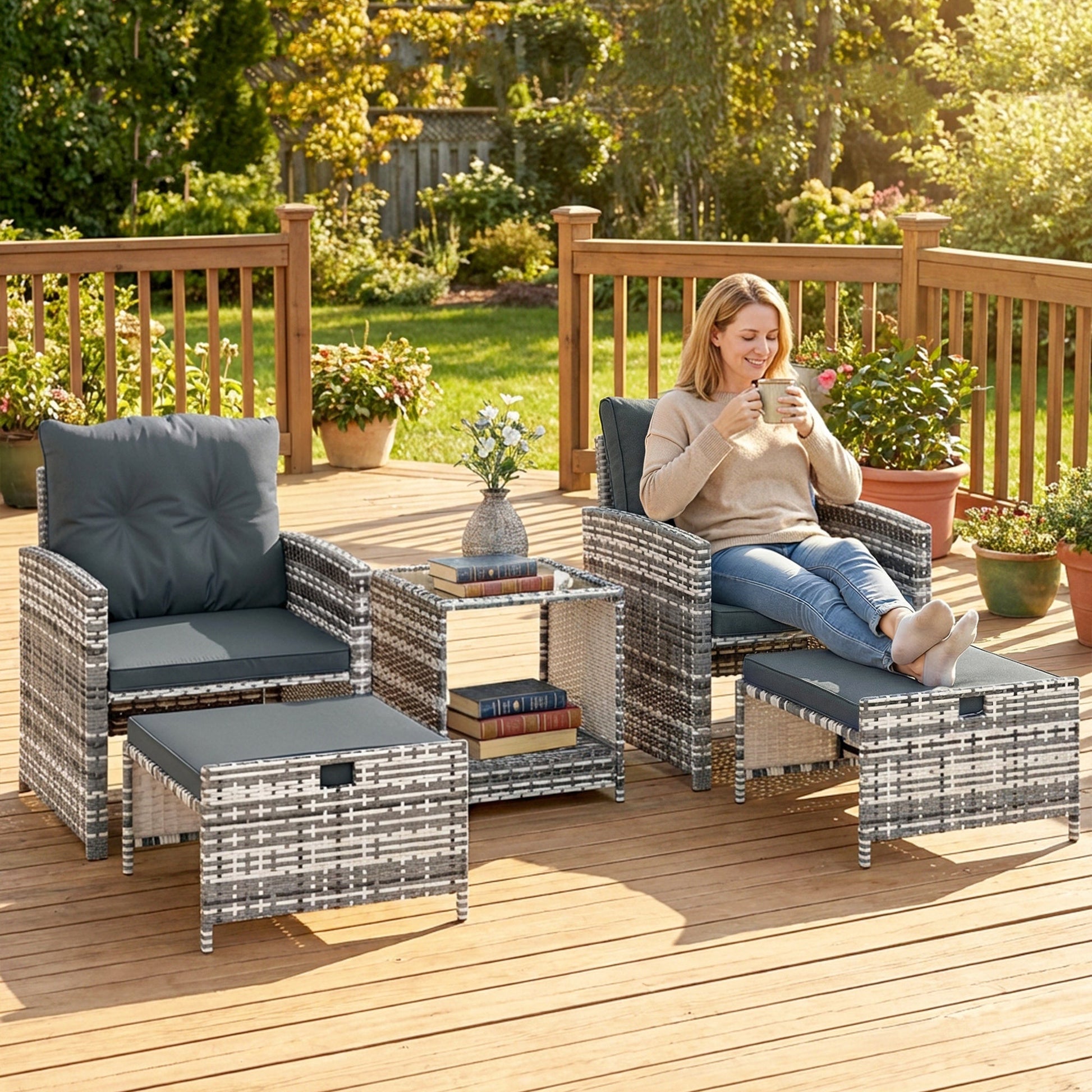 5 Piece Patio Furniture Set, Wicker Patio Chairs with Ottomans, 2-Tier Glass Coffee Table, Cushions, Outdoor Patio Furniture Conversation Set for Balcony, Grey/Dark Grey