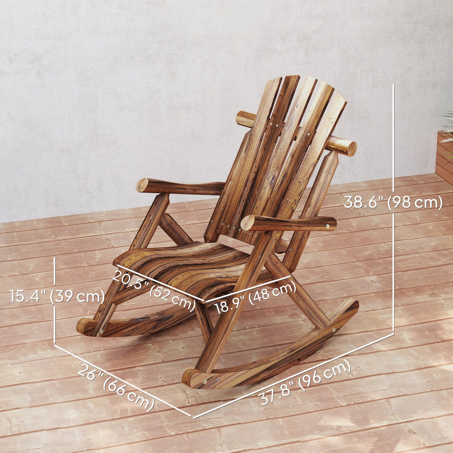 Outdoor Rocking Chair, Wooden Adirondack Outdoor Rocker with High Back and Slatted Seat, Oversized Rustic Patio Rocking Chair for Garden, Porch, Yard, Balcony, Carbonized