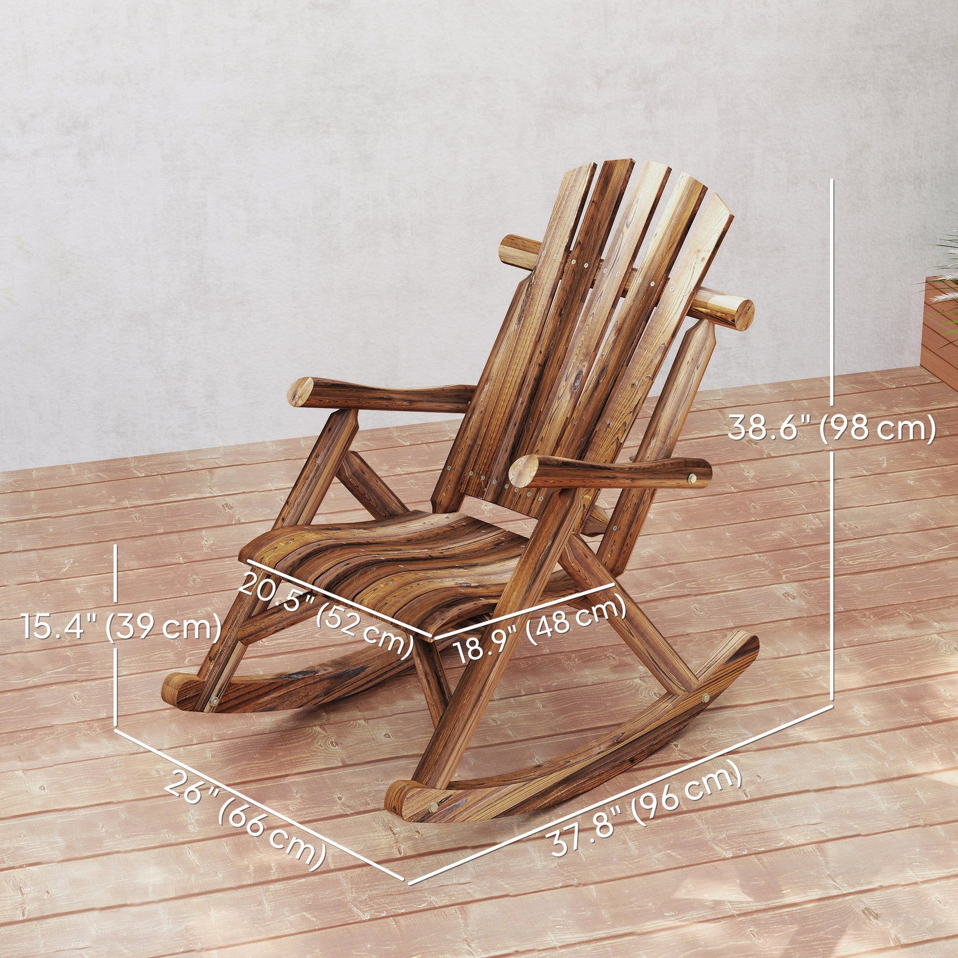 Outdoor Rocking Chair, Wooden Adirondack Outdoor Rocker with High Back and Slatted Seat, Oversized Rustic Patio Rocking Chair for Garden, Porch, Yard, Balcony, Carbonized