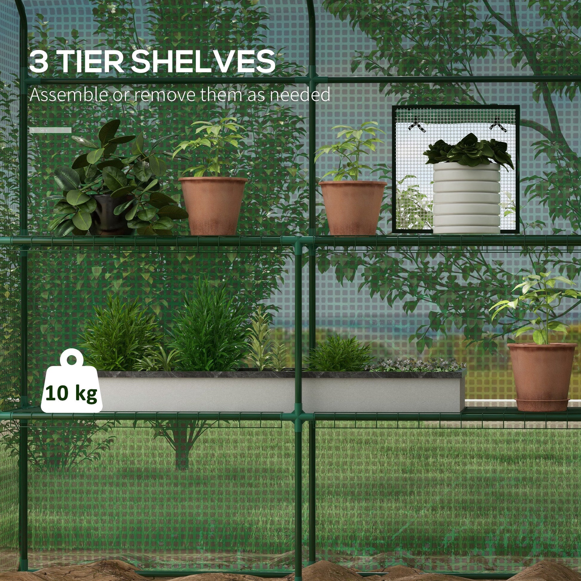 4.6' x 4.7' x 6.2' Walk-in Greenhouse with 3 Tier 8 Shelves, Outdoor Green House with Reinforced PE Cover, Garden Plant Grow Hot House Roll-up Door and Mesh Windows, Green