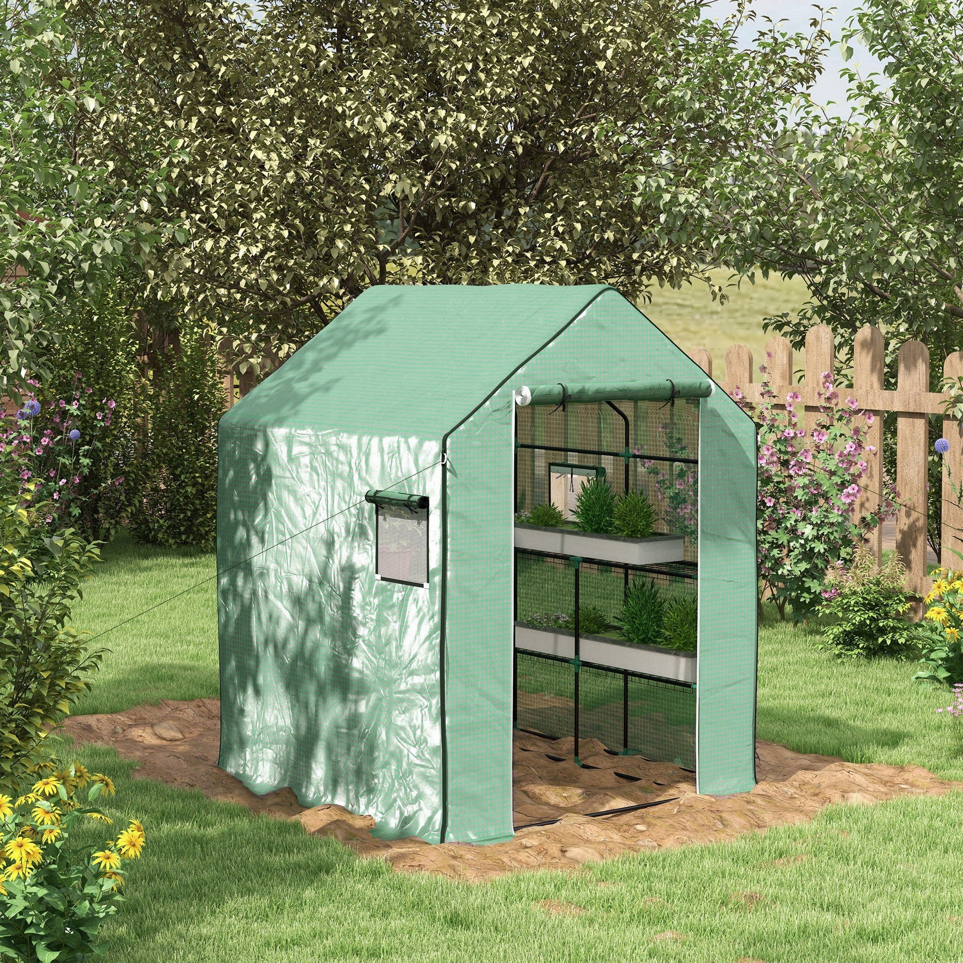 4.6' x 4.7' x 6.2' Walk-in Greenhouse with 3 Tier 8 Shelves, Outdoor Green House with Reinforced PE Cover, Garden Plant Grow Hot House Roll-up Door and Mesh Windows, Green