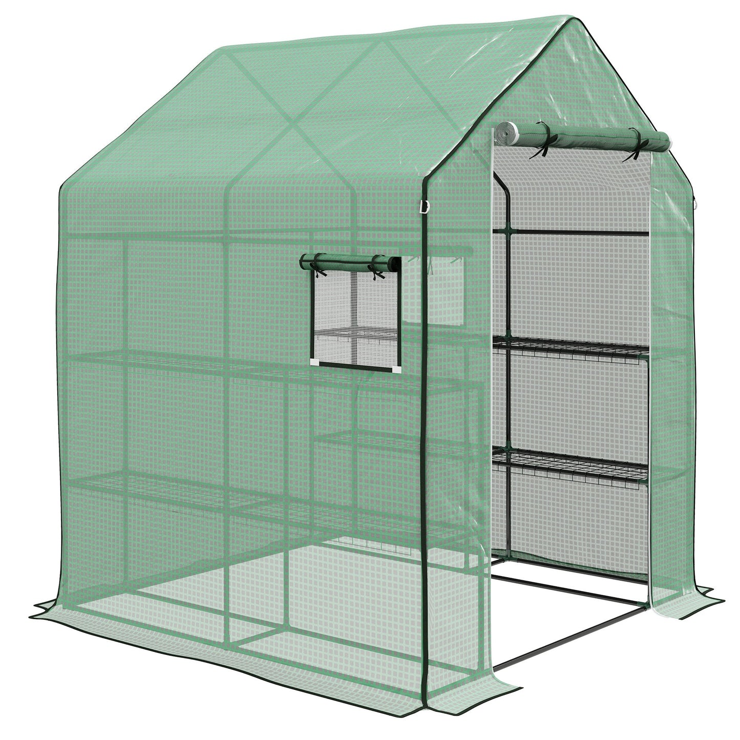 4.6' x 4.7' x 6.2' Walk-in Greenhouse with 3 Tier 8 Shelves, Outdoor Green House with Reinforced PE Cover, Garden Plant Grow Hot House Roll-up Door and Mesh Windows, Green