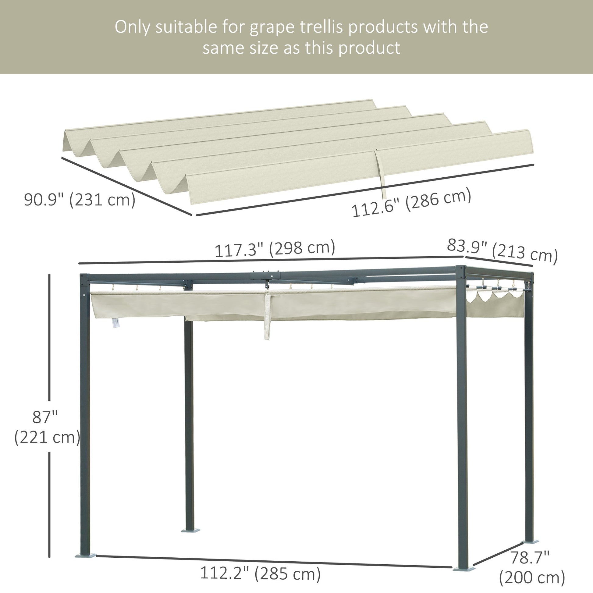 Retractable Pergola Canopy, Sun Shade Cover, UV30+ Protected Replacement Canopy Fabric for 9.8' x 7.1' Pergola, Cream White