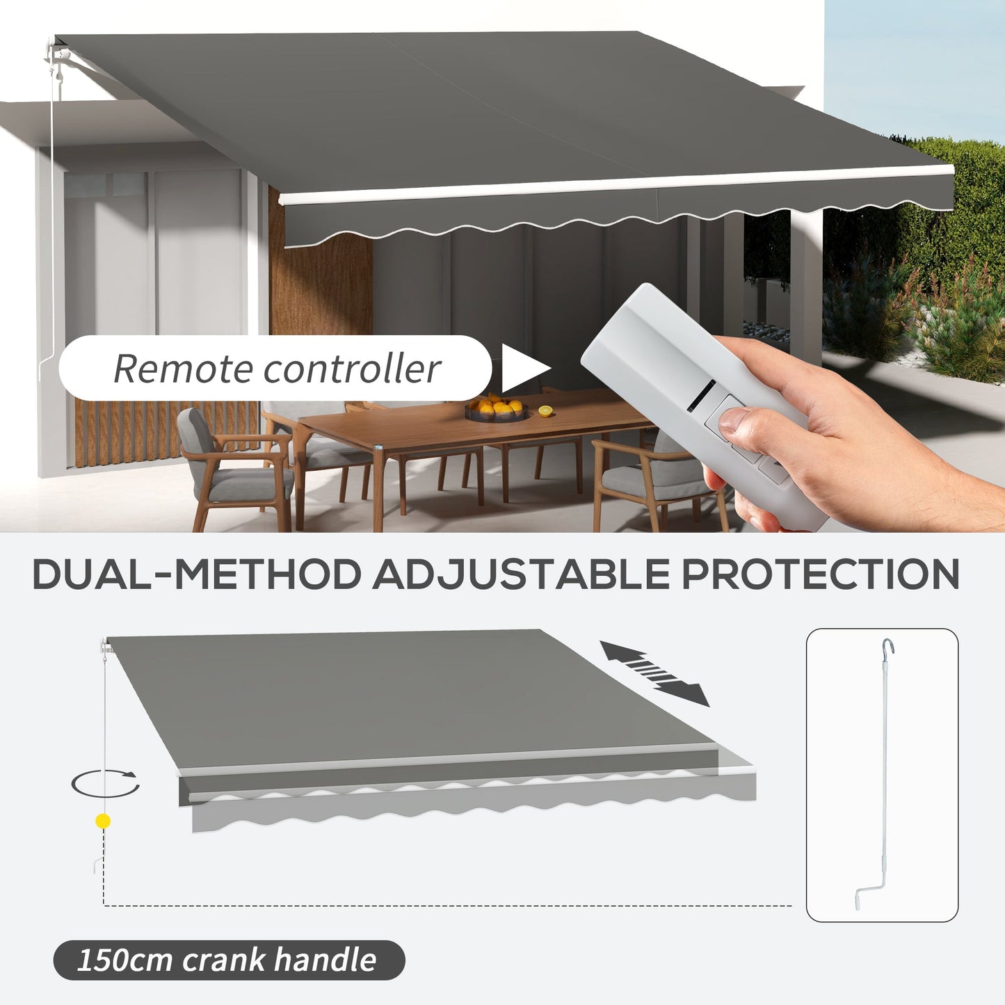 13' x 10' Electric Awning, Retractable Awning Sun Shade Shelter with Remote Controller, Manual Crank Handle and Aluminum Frame, for Deck, Balcony, Yard, Light Grey