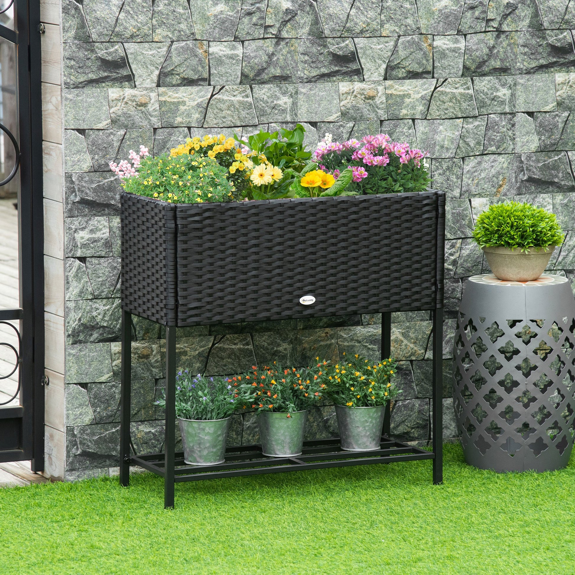 Modern Elevated Metal Raised Garden Bed with Rattan Wicker Look, Underneath Tool Storage Rack, Black