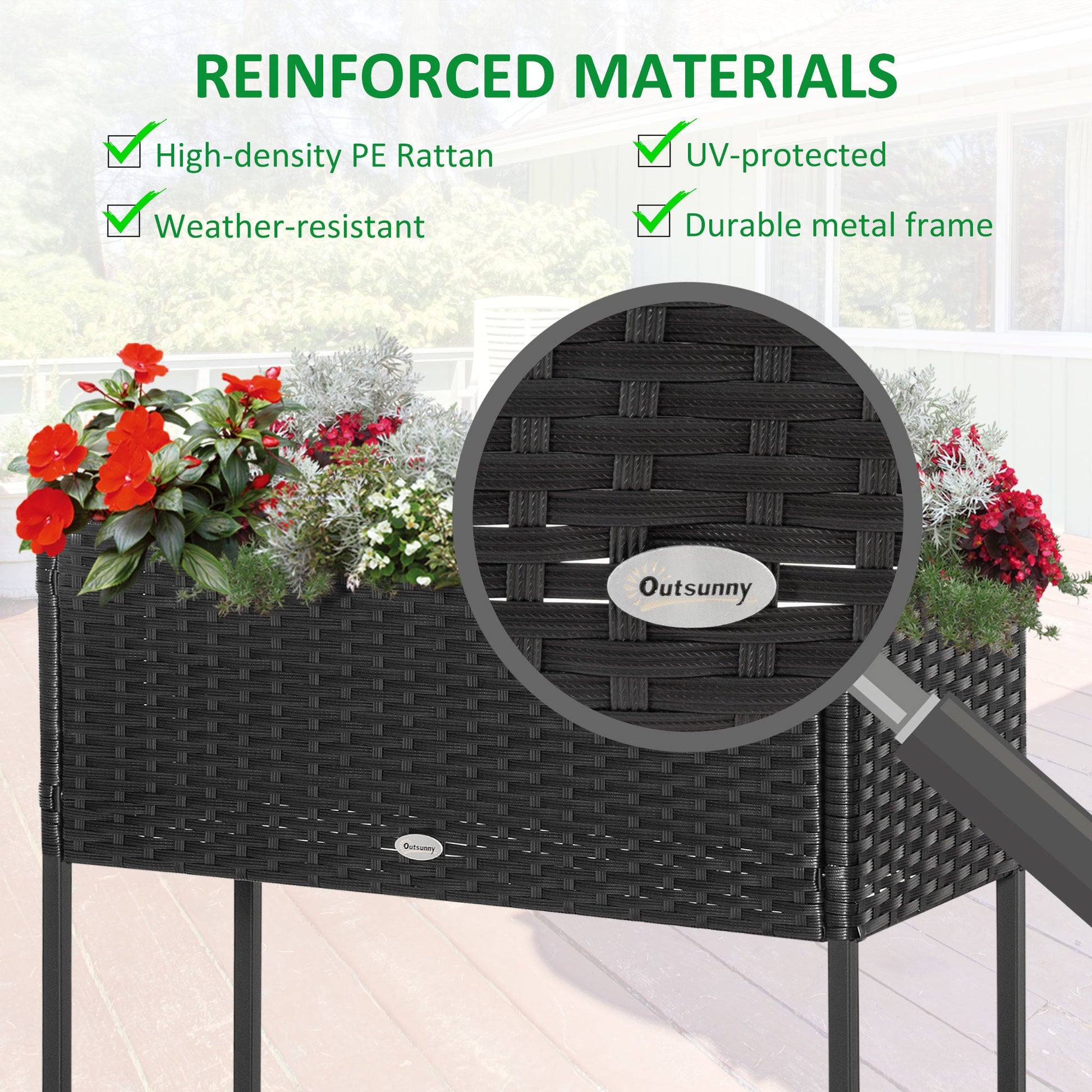 Modern Elevated Metal Raised Garden Bed with Rattan Wicker Look, Underneath Tool Storage Rack, Black
