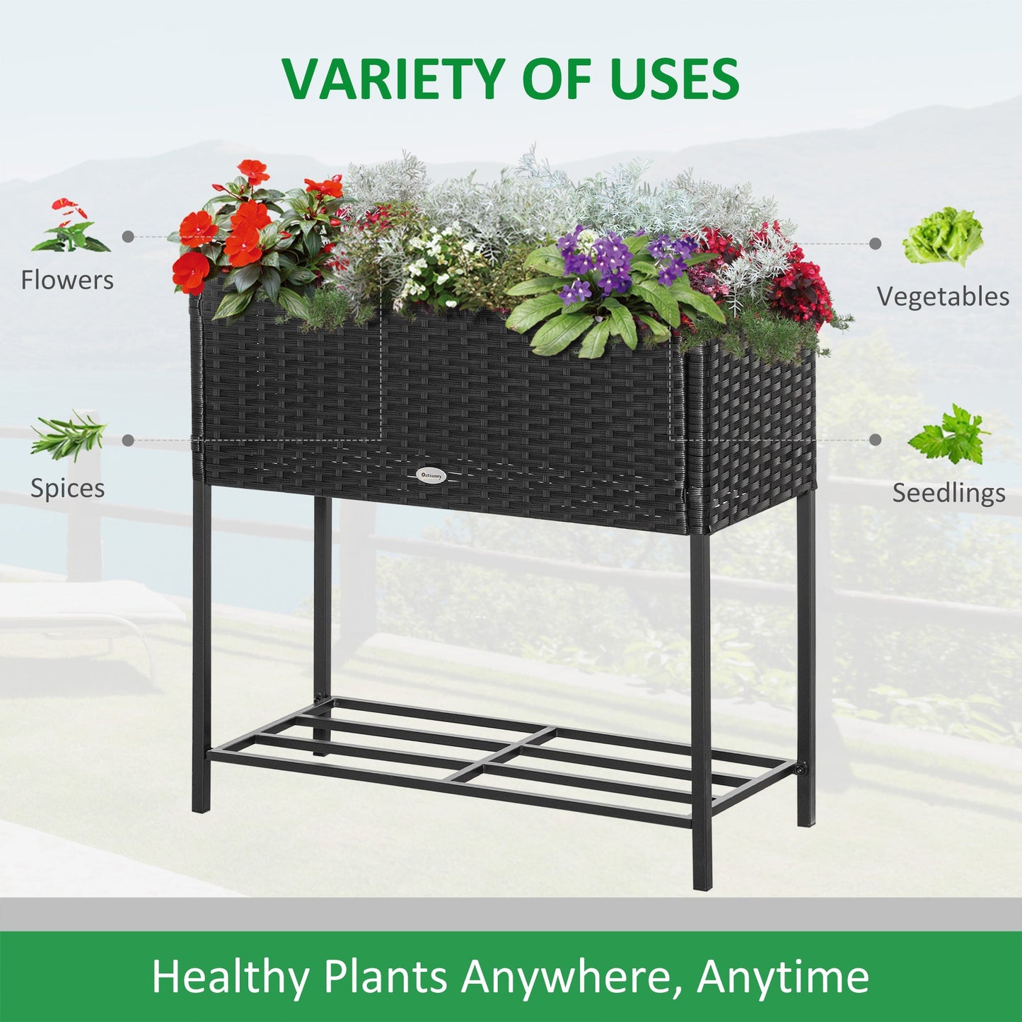 Modern Elevated Metal Raised Garden Bed with Rattan Wicker Look, Underneath Tool Storage Rack, Black