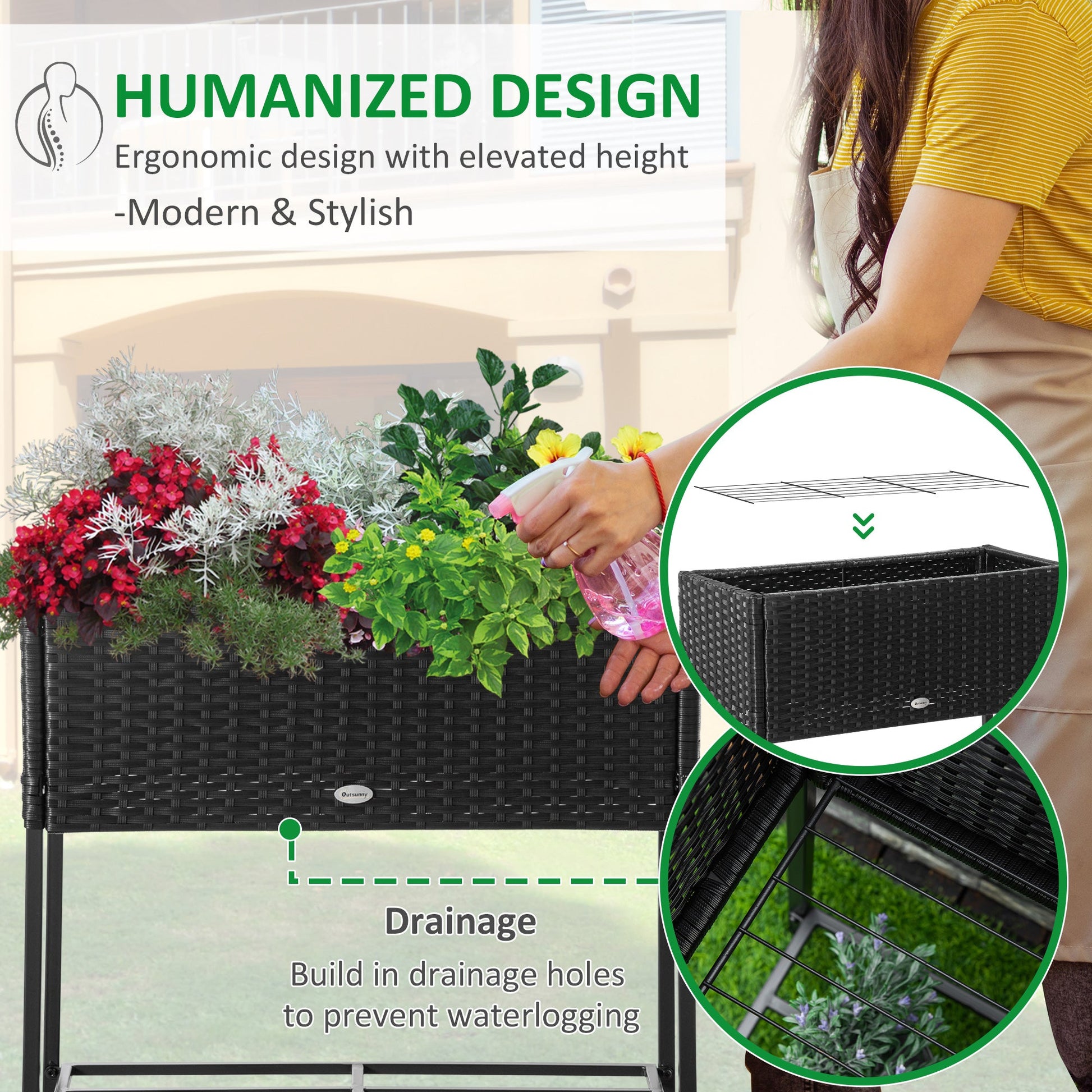 Modern Elevated Metal Raised Garden Bed with Rattan Wicker Look, Underneath Tool Storage Rack, Black