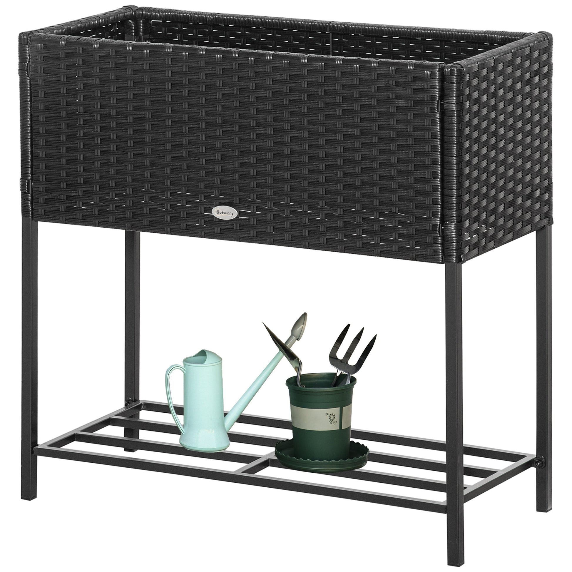 Modern Elevated Metal Raised Garden Bed with Rattan Wicker Look, Underneath Tool Storage Rack, Black