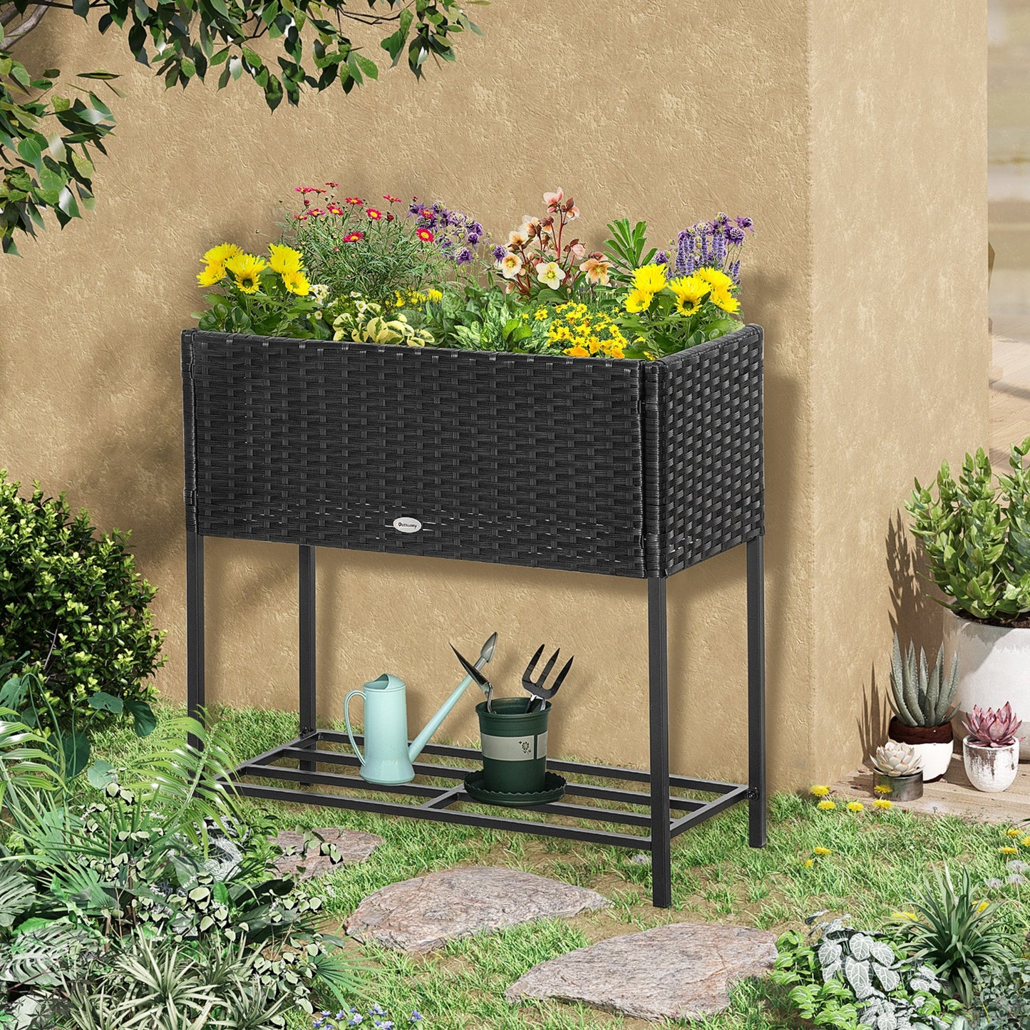 Modern Elevated Metal Raised Garden Bed with Rattan Wicker Look, Underneath Tool Storage Rack, Black