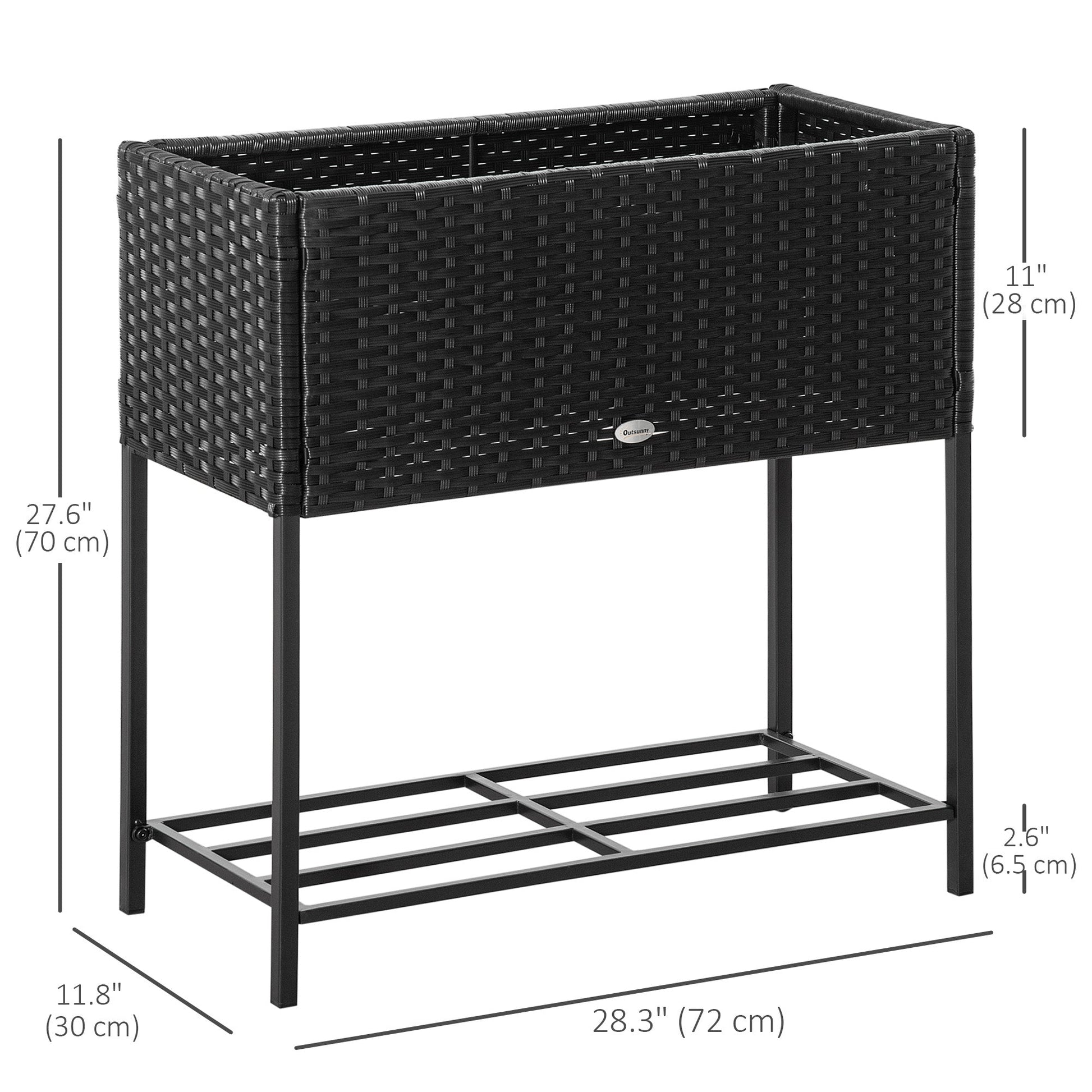 Modern Elevated Metal Raised Garden Bed with Rattan Wicker Look, Underneath Tool Storage Rack, Black