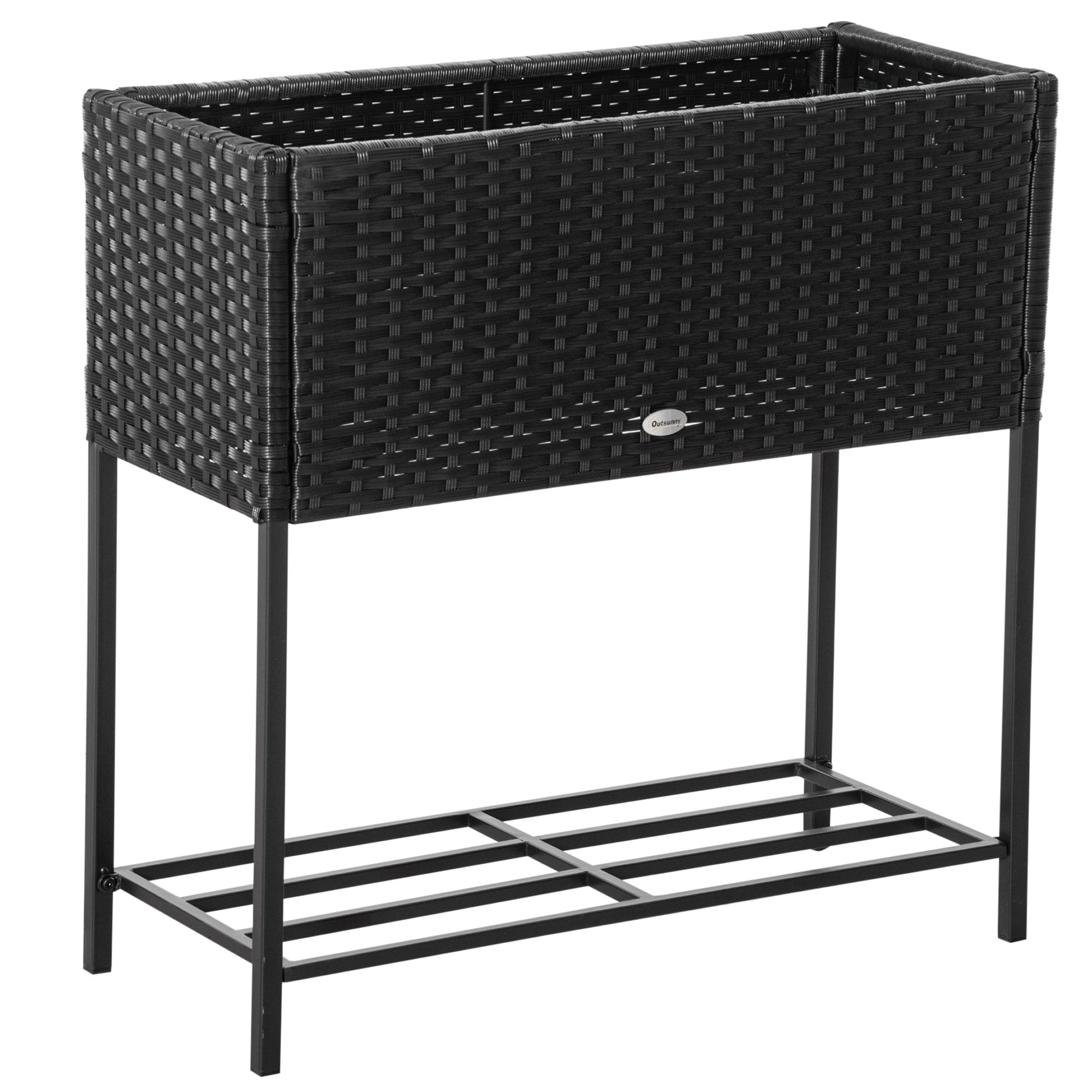 Modern Elevated Metal Raised Garden Bed with Rattan Wicker Look, Underneath Tool Storage Rack, Black