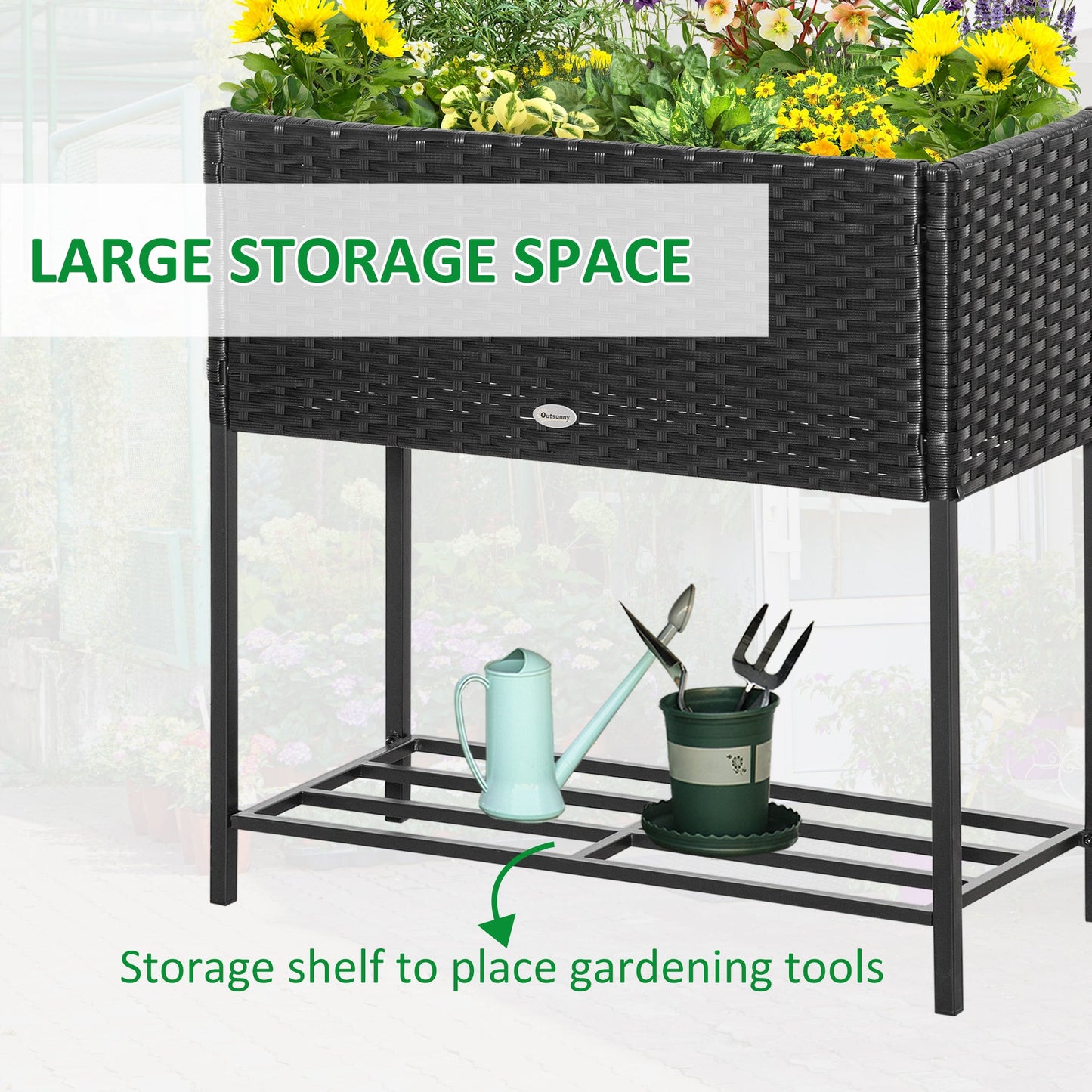 Modern Elevated Metal Raised Garden Bed with Rattan Wicker Look, Underneath Tool Storage Rack, Black