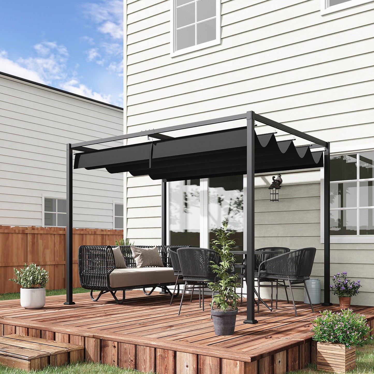 10' x7' Patio Pergola with Retractable Canopy, Outdoor Sun Shelter, Yard Shade, Black