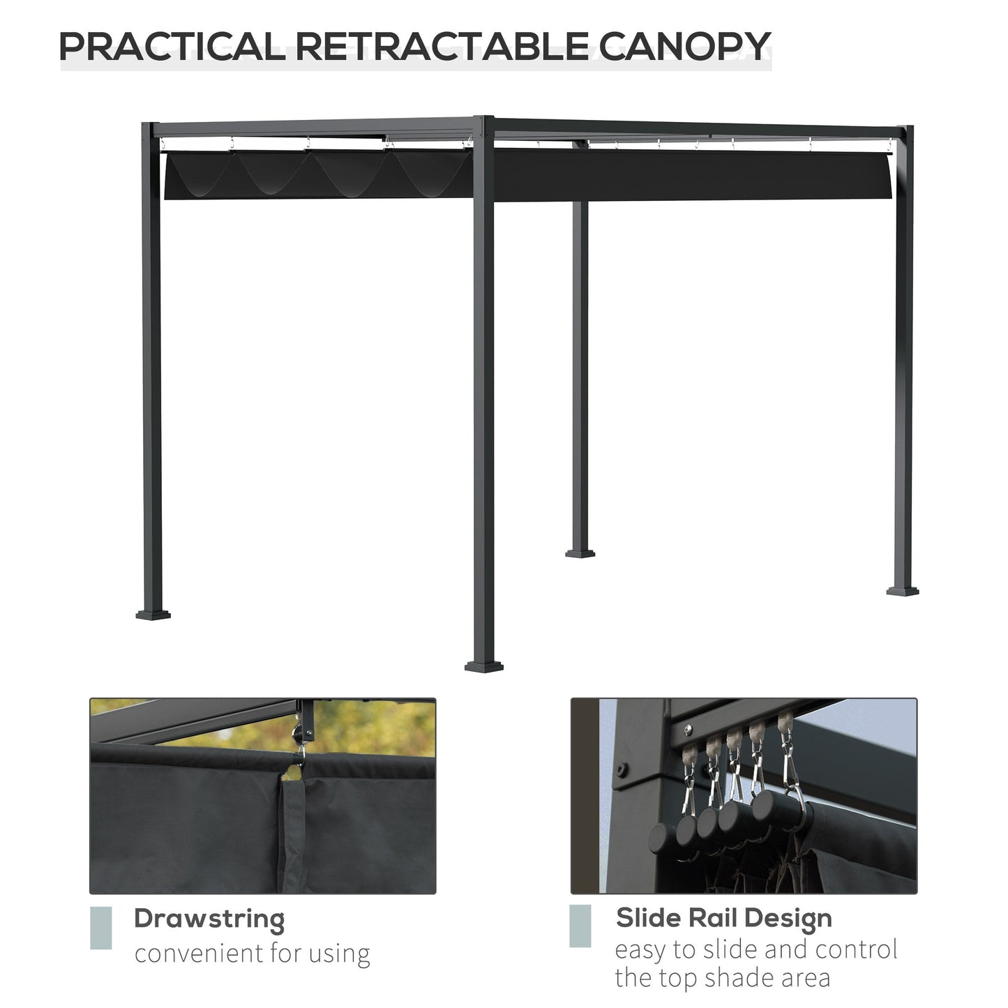 10' x7' Patio Pergola with Retractable Canopy, Outdoor Sun Shelter, Yard Shade, Black