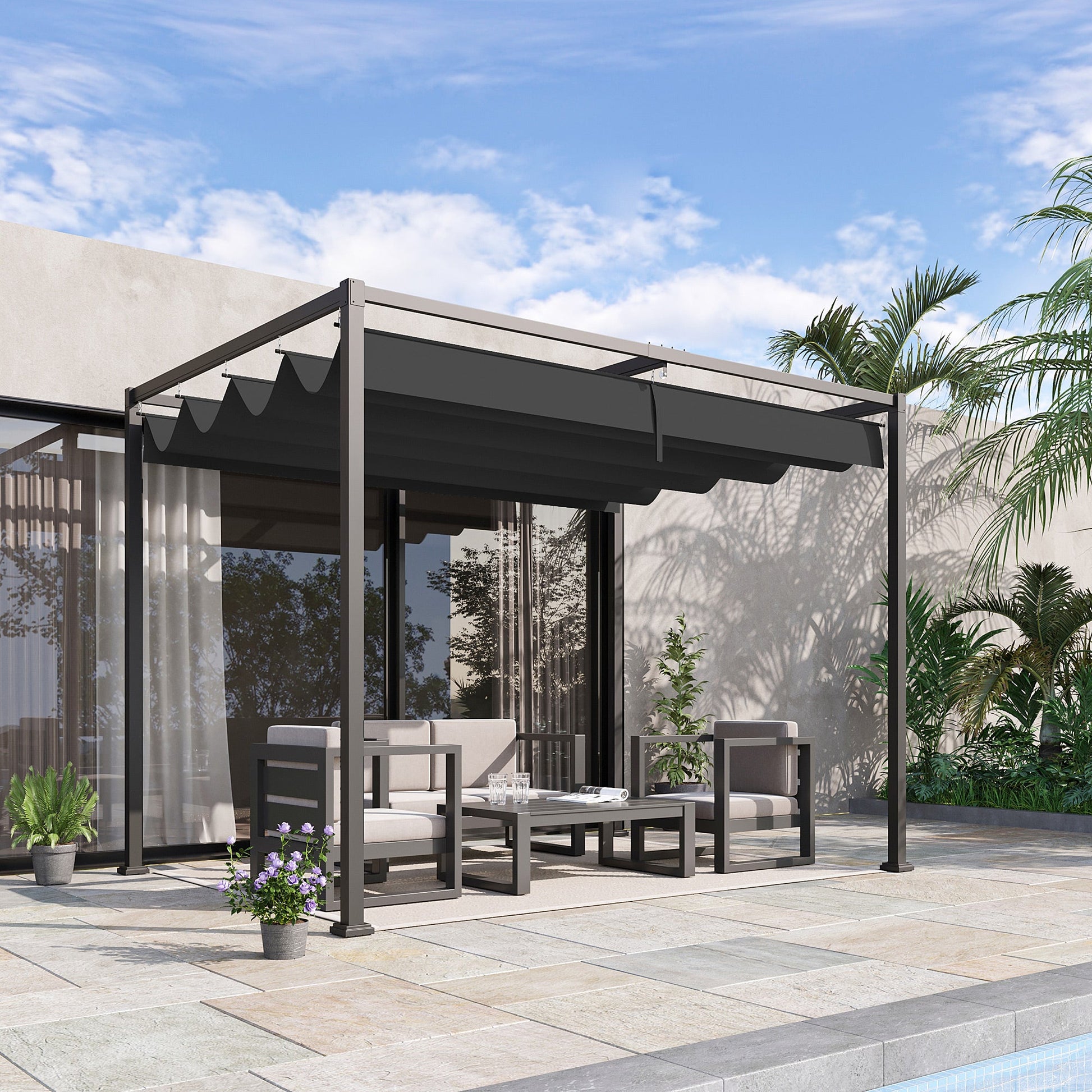 10' x7' Patio Pergola with Retractable Canopy, Outdoor Sun Shelter, Yard Shade, Black