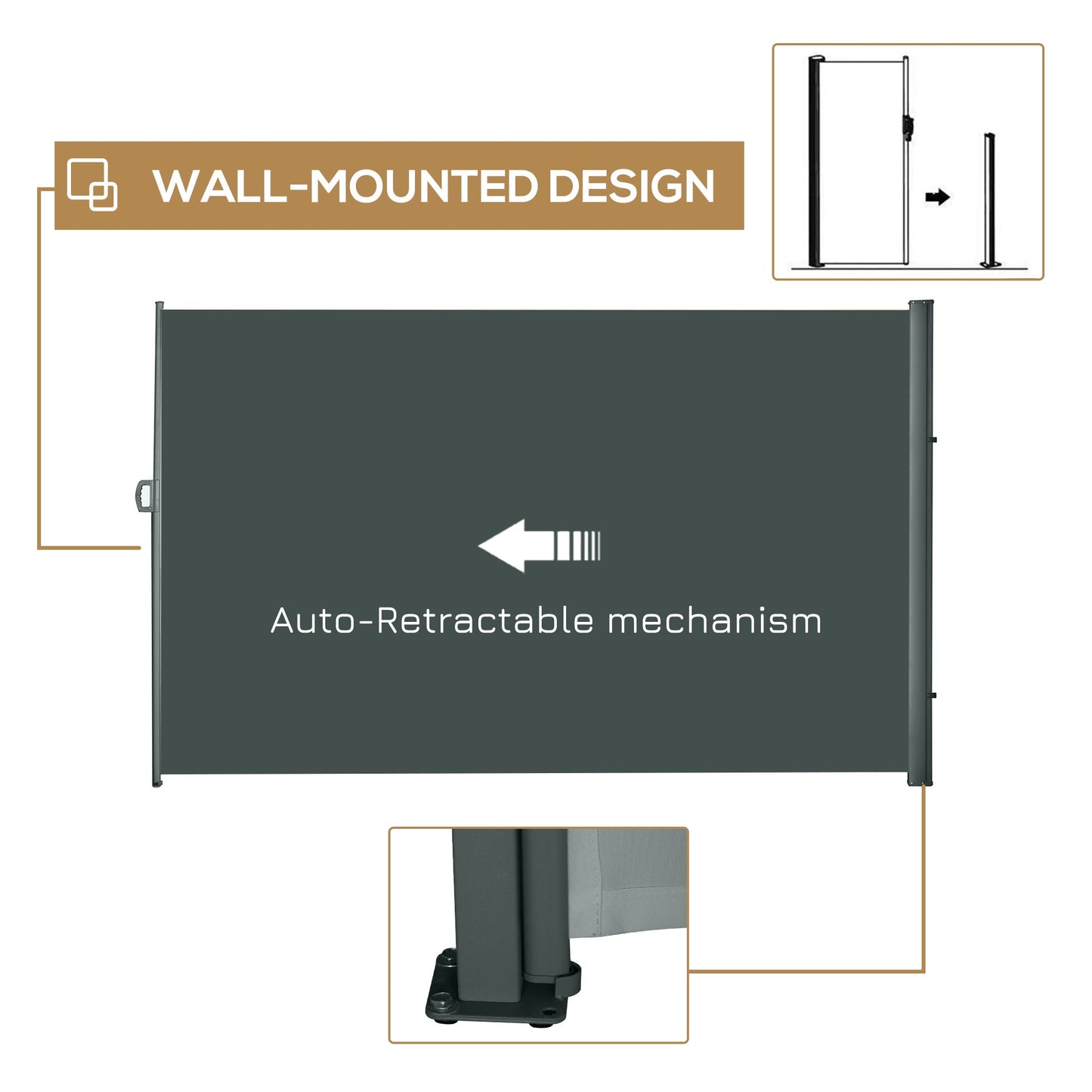 118" x 79" Retractable Side Awning Patio Outdoor Folding Privacy Screen with Resistance to UV Rays & Wind, Grey