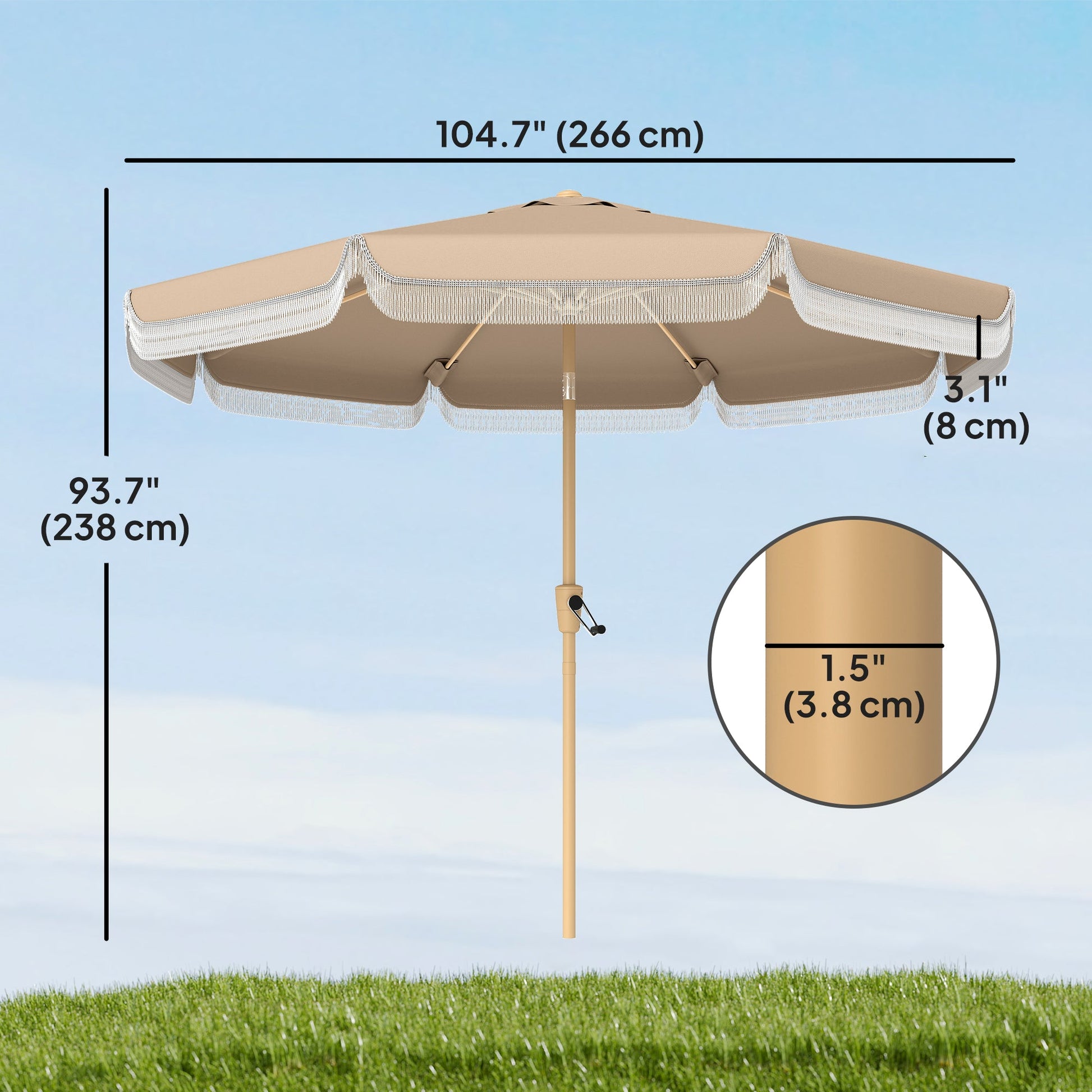 9 ft Patio Umbrella with Push Button Tilt and Crank, Fringed Outdoor Market Table Umbrella Parasol with Vent, 8 Ribs for Garden, Deck, Pool, Khaki