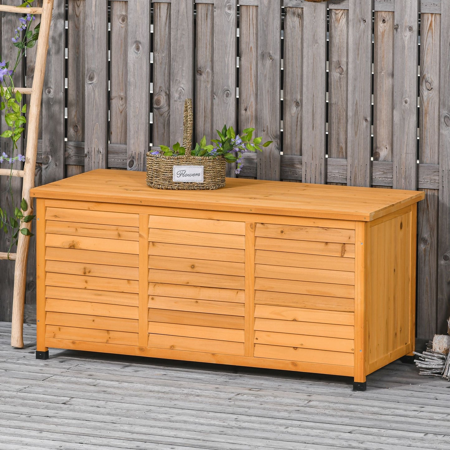 75 Gallon Wooden Storage Box patio Deck Box Bench, Garden Backyard Outdoor Storage Container with Aerating Gap & Weather-Fighting Finish, Yellow