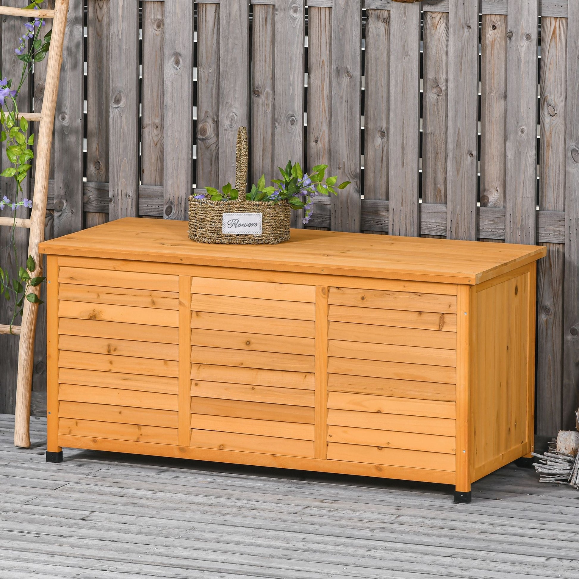 75 Gallon Wooden Storage Box patio Deck Box Bench, Garden Backyard Outdoor Storage Container with Aerating Gap & Weather-Fighting Finish, Yellow