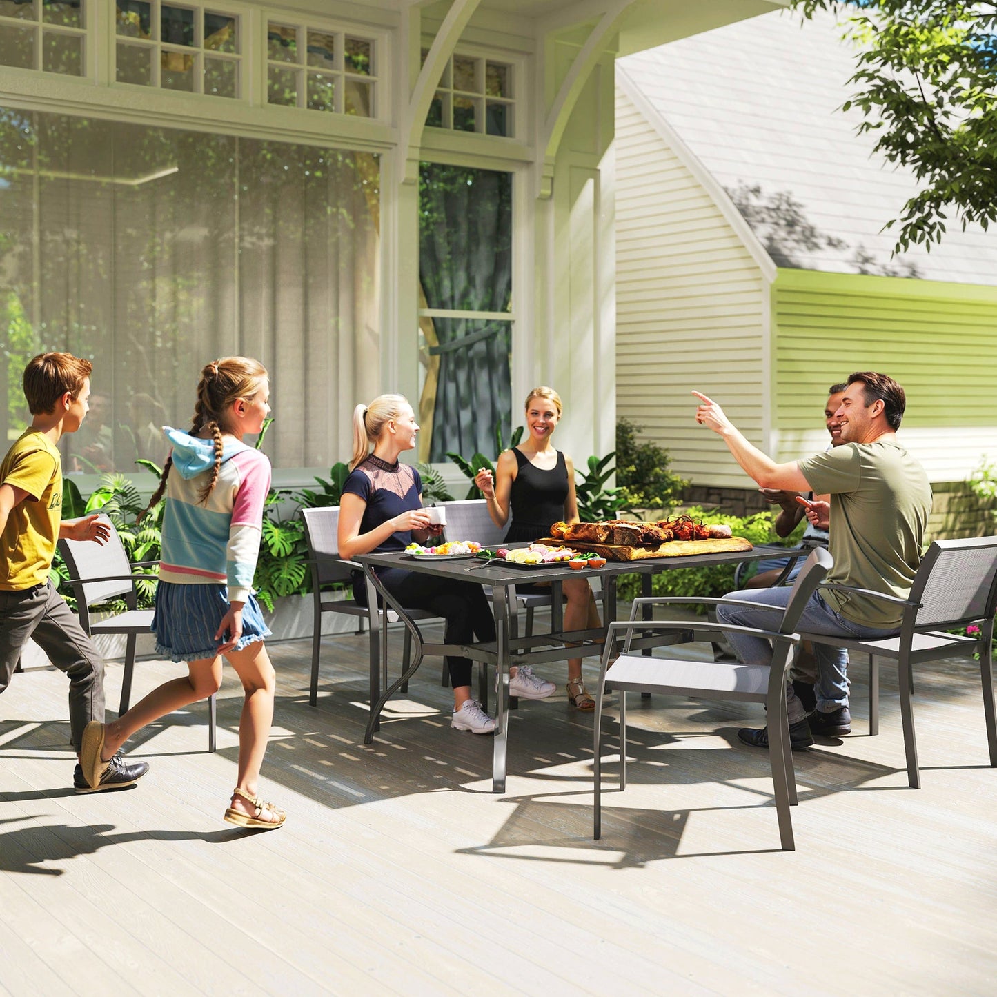 Outdoor Dining Table with Umbrella Hole, Rectangular Patio Dining Table for 6 with Steel Frame and Slatted Steel Top for Garden, Balcony, Black