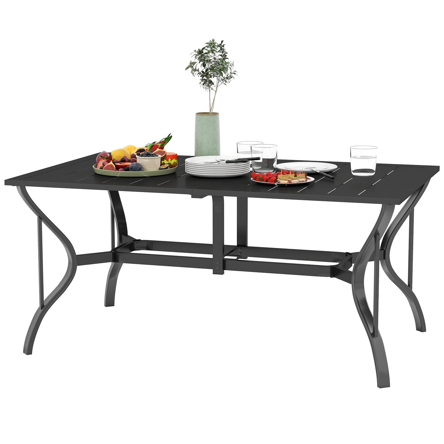 Outdoor Dining Table with Umbrella Hole, Rectangular Patio Dining Table for 6 with Steel Frame and Slatted Steel Top for Garden, Balcony, Black