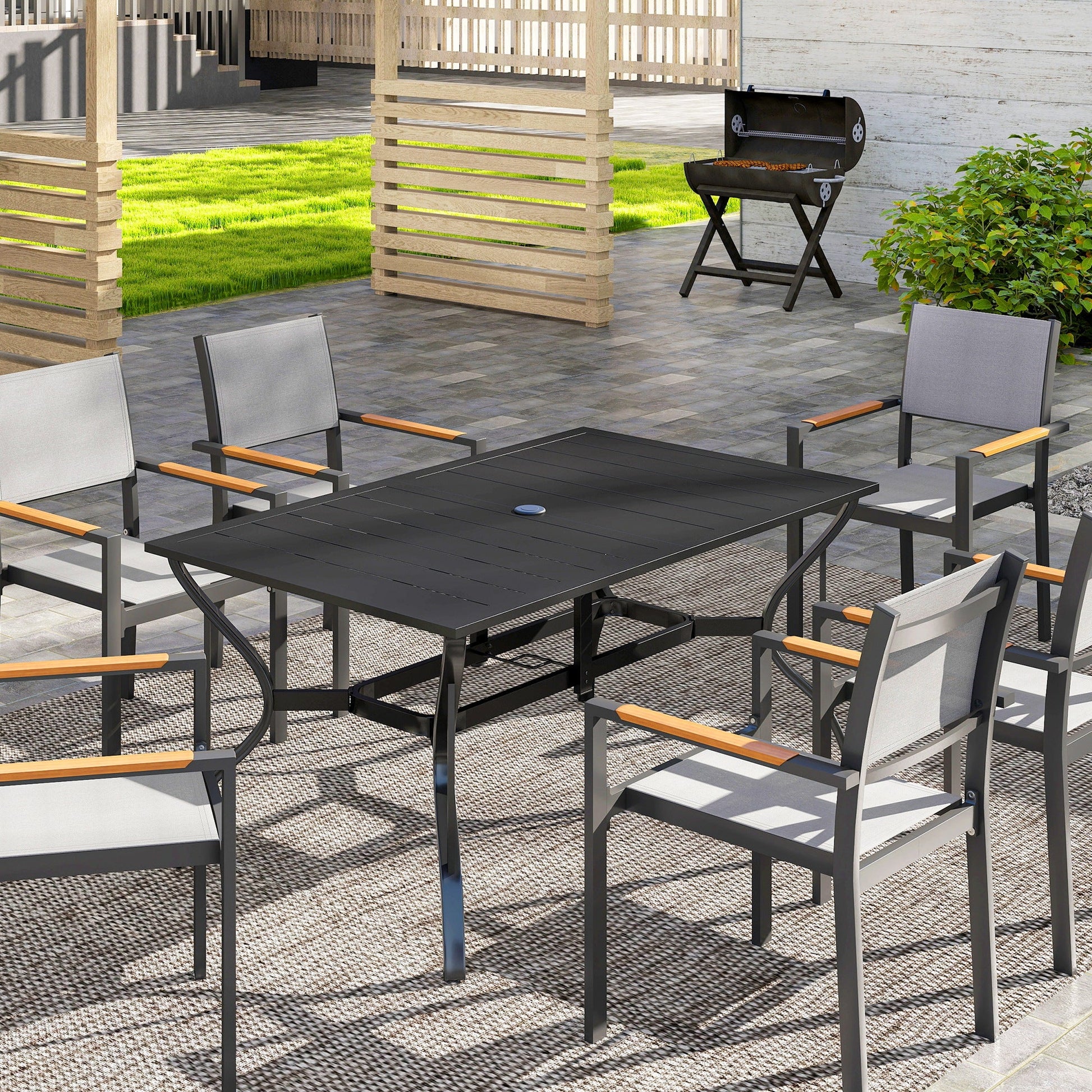 Outdoor Dining Table with Umbrella Hole, Rectangular Patio Dining Table for 6 with Steel Frame and Slatted Steel Top for Garden, Balcony, Black