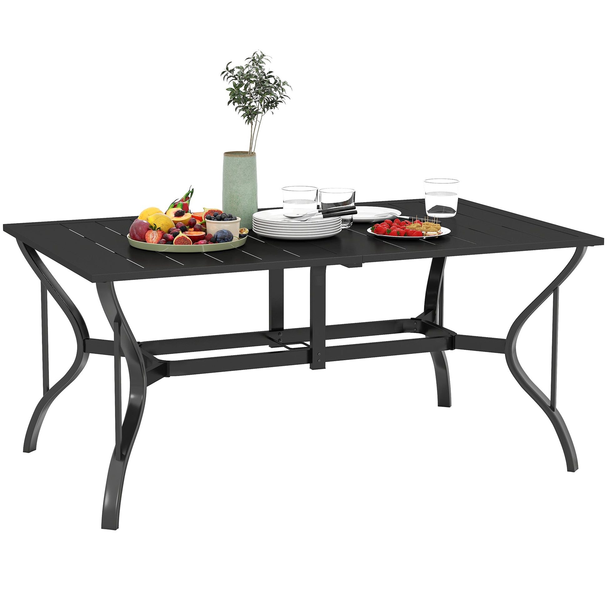 Outdoor Dining Table with Umbrella Hole, Rectangular Patio Dining Table for 6 with Steel Frame and Slatted Steel Top for Garden, Balcony, Black