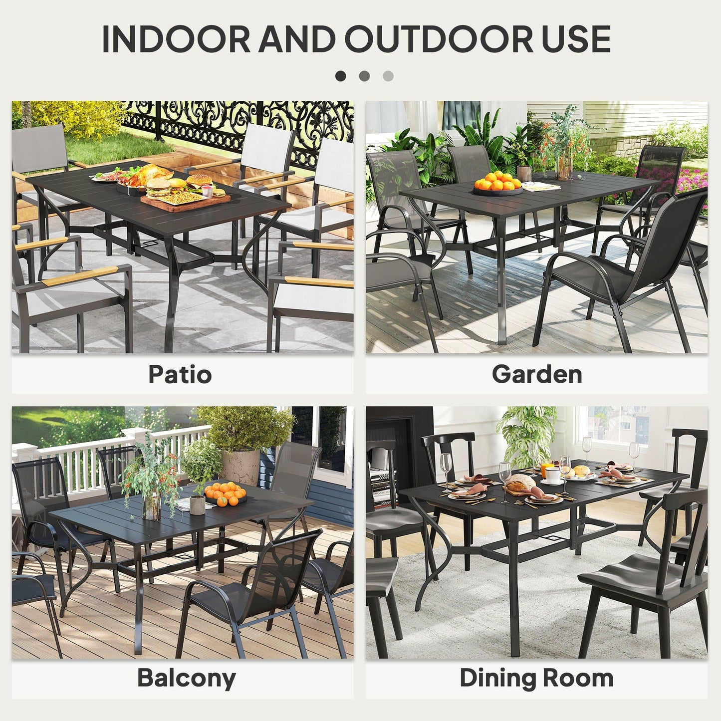 Outdoor Dining Table with Umbrella Hole, Rectangular Patio Dining Table for 6 with Steel Frame and Slatted Steel Top for Garden, Balcony, Black