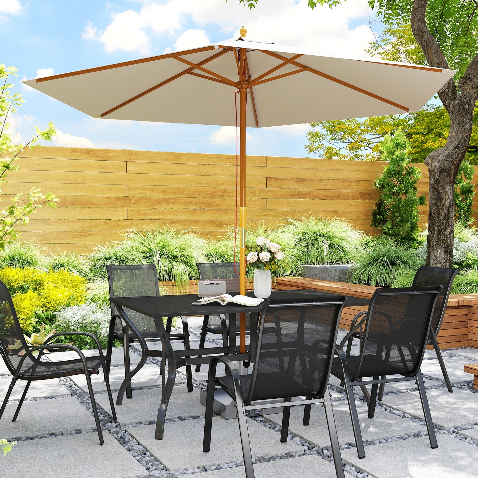Outdoor Dining Table with Umbrella Hole, Rectangular Patio Dining Table for 6 with Steel Frame and Slatted Steel Top for Garden, Balcony, Black