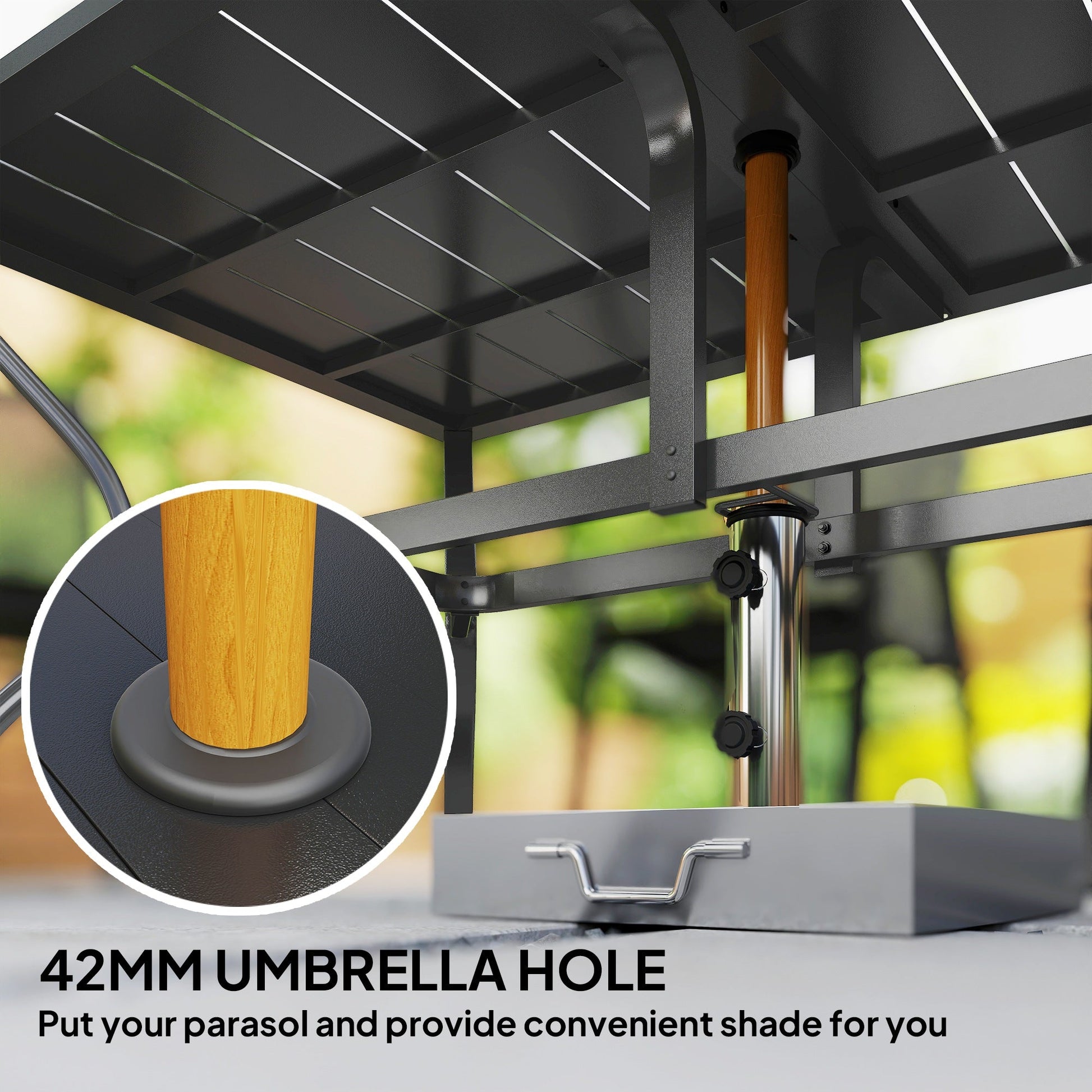 Outdoor Dining Table with Umbrella Hole, Rectangular Patio Dining Table for 6 with Steel Frame and Slatted Steel Top for Garden, Balcony, Black