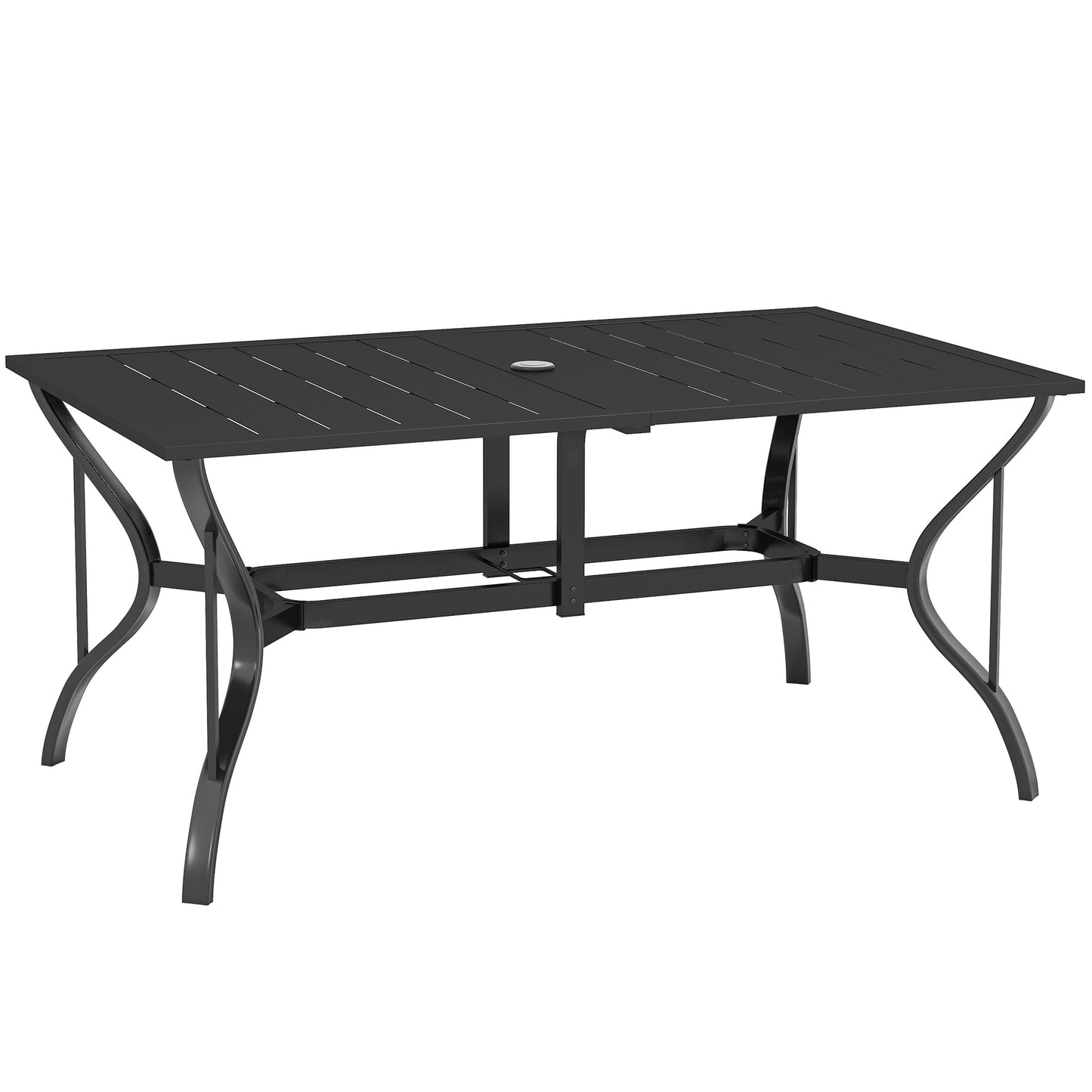 Outdoor Dining Table with Umbrella Hole, Rectangular Patio Dining Table for 6 with Steel Frame and Slatted Steel Top for Garden, Balcony, Black