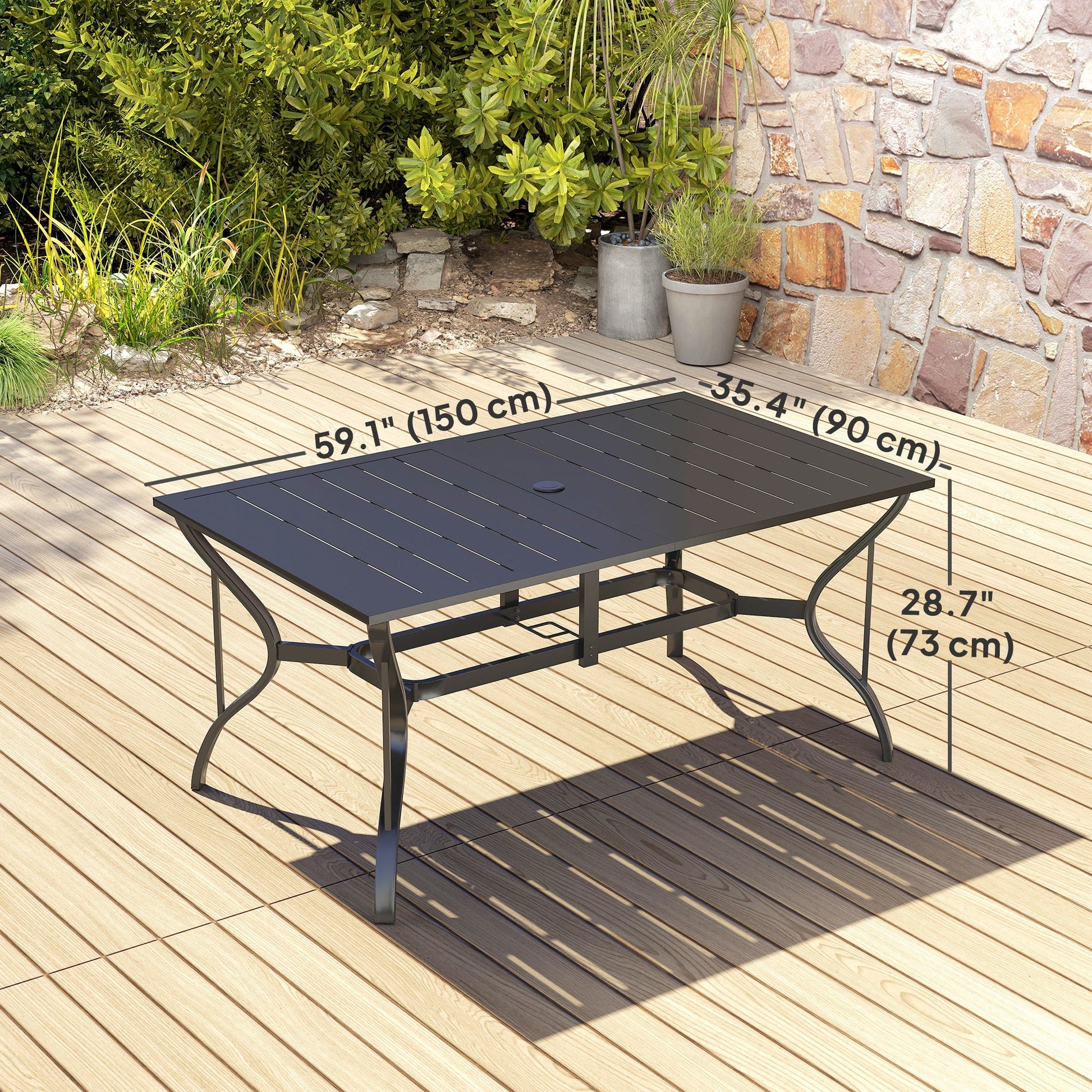 Outdoor Dining Table with Umbrella Hole, Rectangular Patio Dining Table for 6 with Steel Frame and Slatted Steel Top for Garden, Balcony, Black