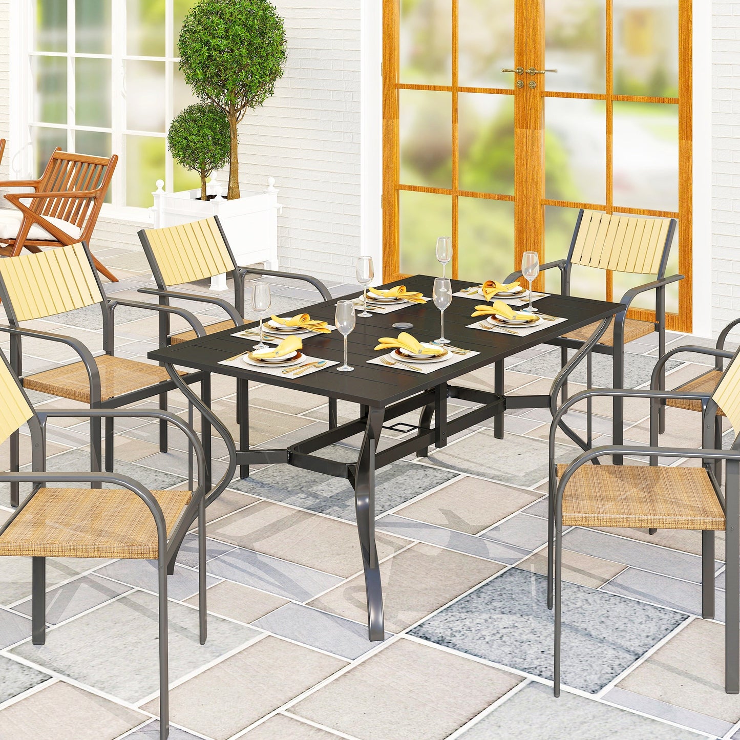 Outdoor Dining Table with Umbrella Hole, Rectangular Patio Dining Table for 6 with Steel Frame and Slatted Steel Top for Garden, Balcony, Black