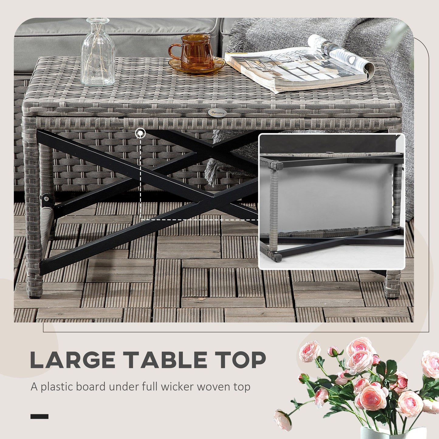 Patio Wicker End Table, Outdoor PE Rattan Side Table, with Plastic Board Under the Full Woven Table Top for Patio, Garden, Balcony, Mixed Gray
