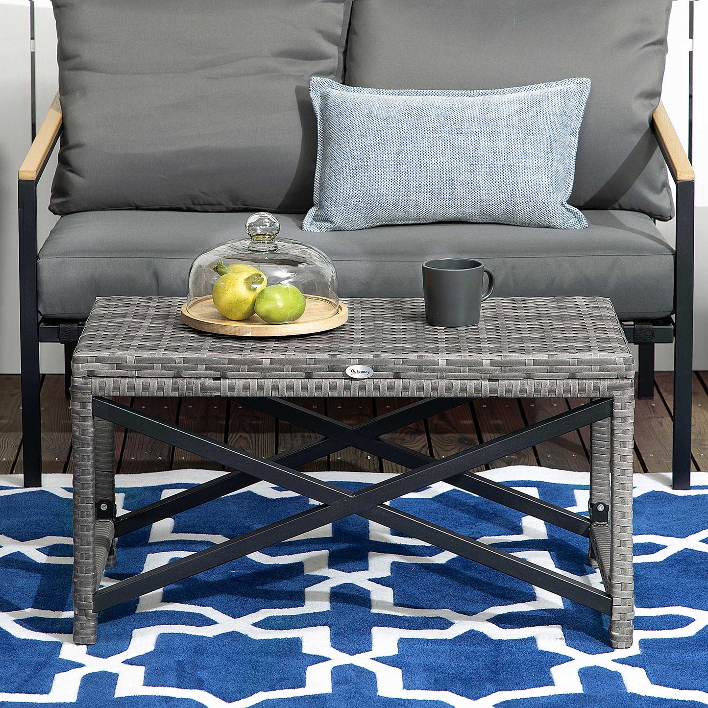 Patio Wicker End Table, Outdoor PE Rattan Side Table, with Plastic Board Under the Full Woven Table Top for Patio, Garden, Balcony, Mixed Gray