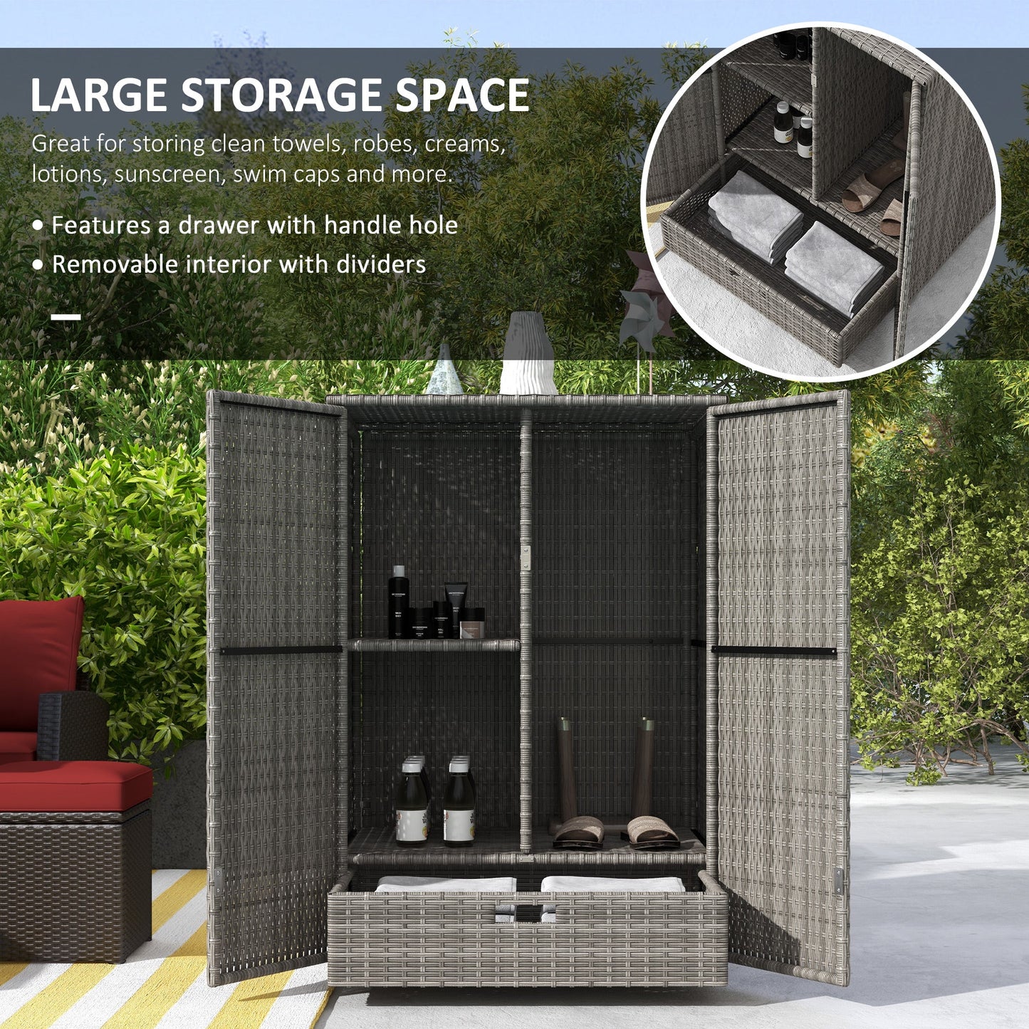 Wicker Outdoor Storage Cabinet with Shelves, 2-Door Rattan Pool Towel Storage Cabinet with Drawer & Removable Shelf, Pool Storage Organizer for Garden, Porch, Dark Grey